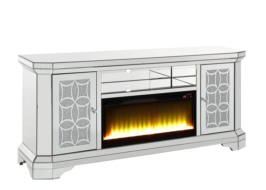 

    
Modern Mirrored & Faux Diamonds TV Stand with Fireplace by Acme Noralie LV00520

