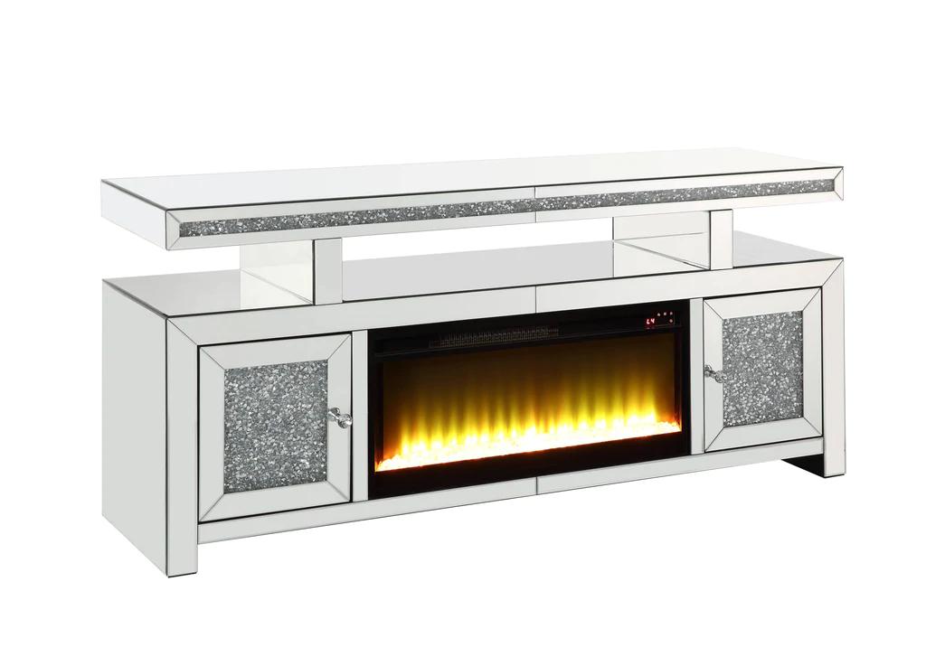 

    
Modern Mirrored & Faux Diamonds TV Stand with Fireplace by Acme Noralie LV00523
