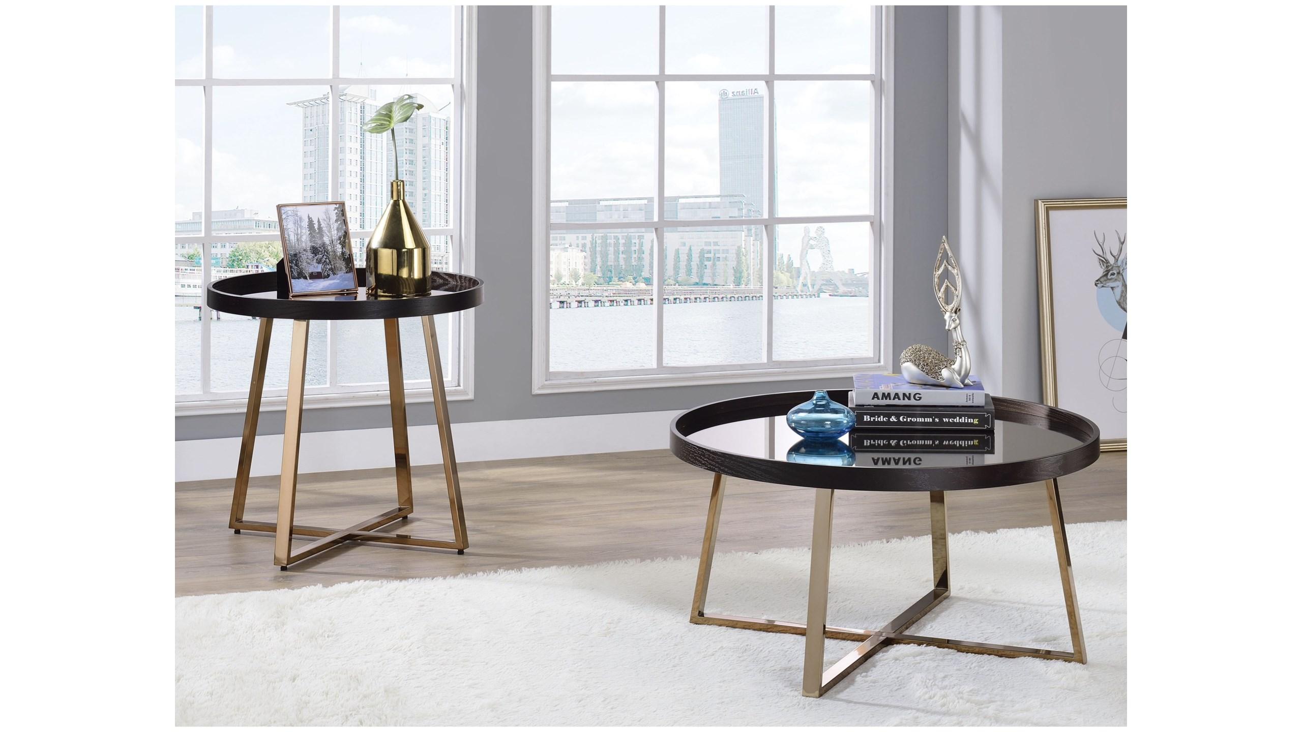 

    
Modern Mirrored, Walnut & Champagne Coffee Table + 2 End Tables by Acme Hepton 82945-3pcs
