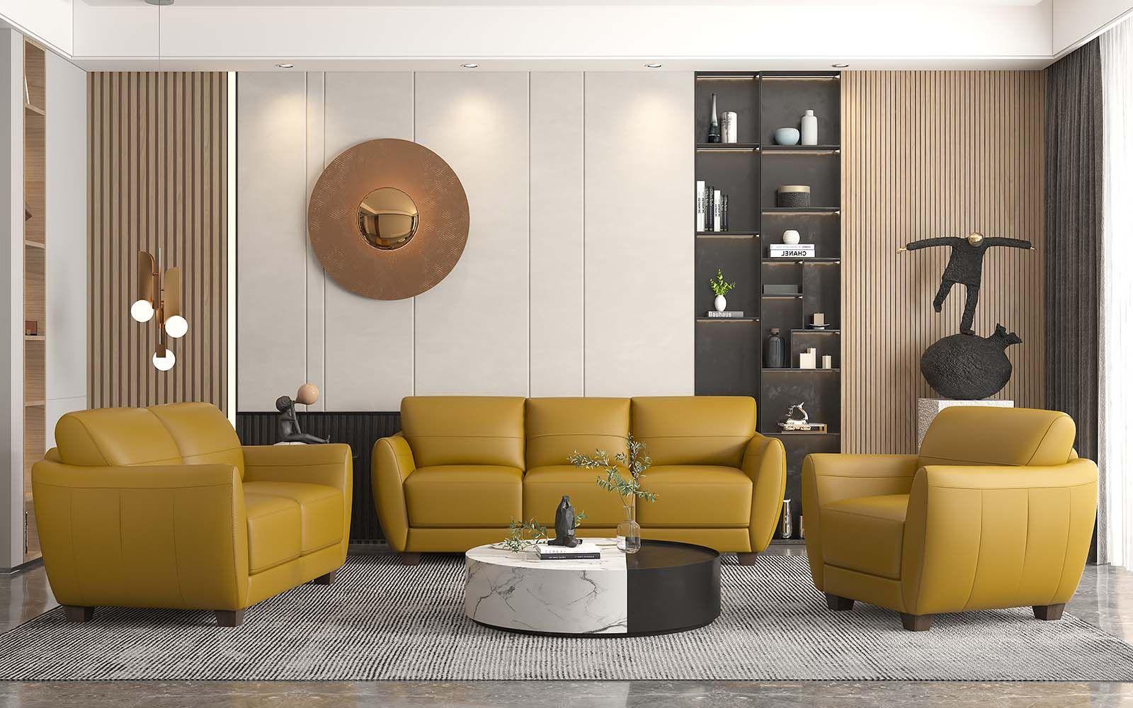 

    
 Order  Modern Mustard Leather Sofa + Loveseat + Chair by Acme Valeria 54945-3pcs
