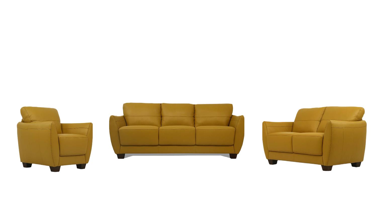 

    
Modern Mustard Leather Sofa + Loveseat + Chair by Acme Valeria 54945-3pcs
