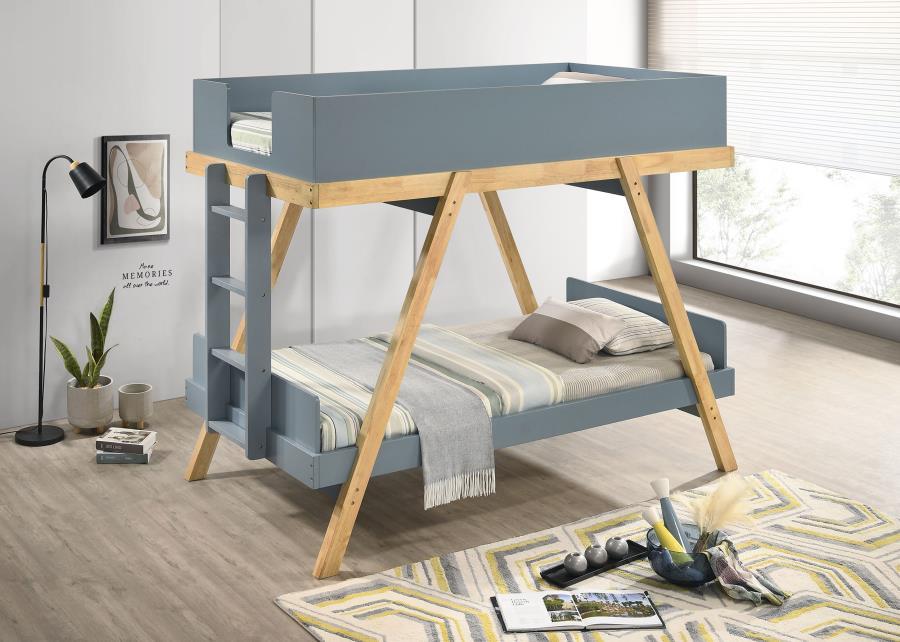 

    
Modern Natural/Blue Wood Twin Bunk Bed Coaster Frankie 460572T

