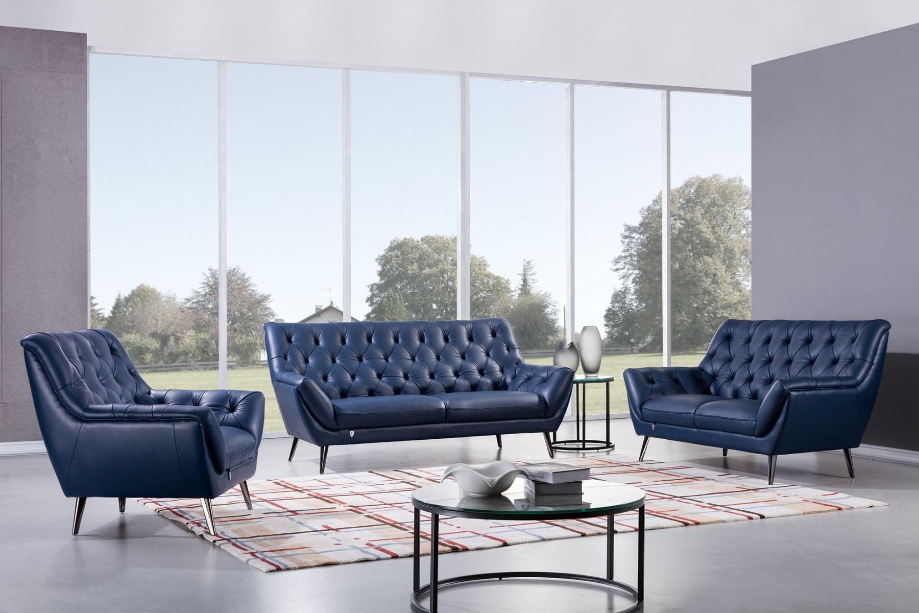 Contemporary, Modern Sofa Set EK8003-NB EK8003-NB-Set-3 in Navy blue Top grain leather