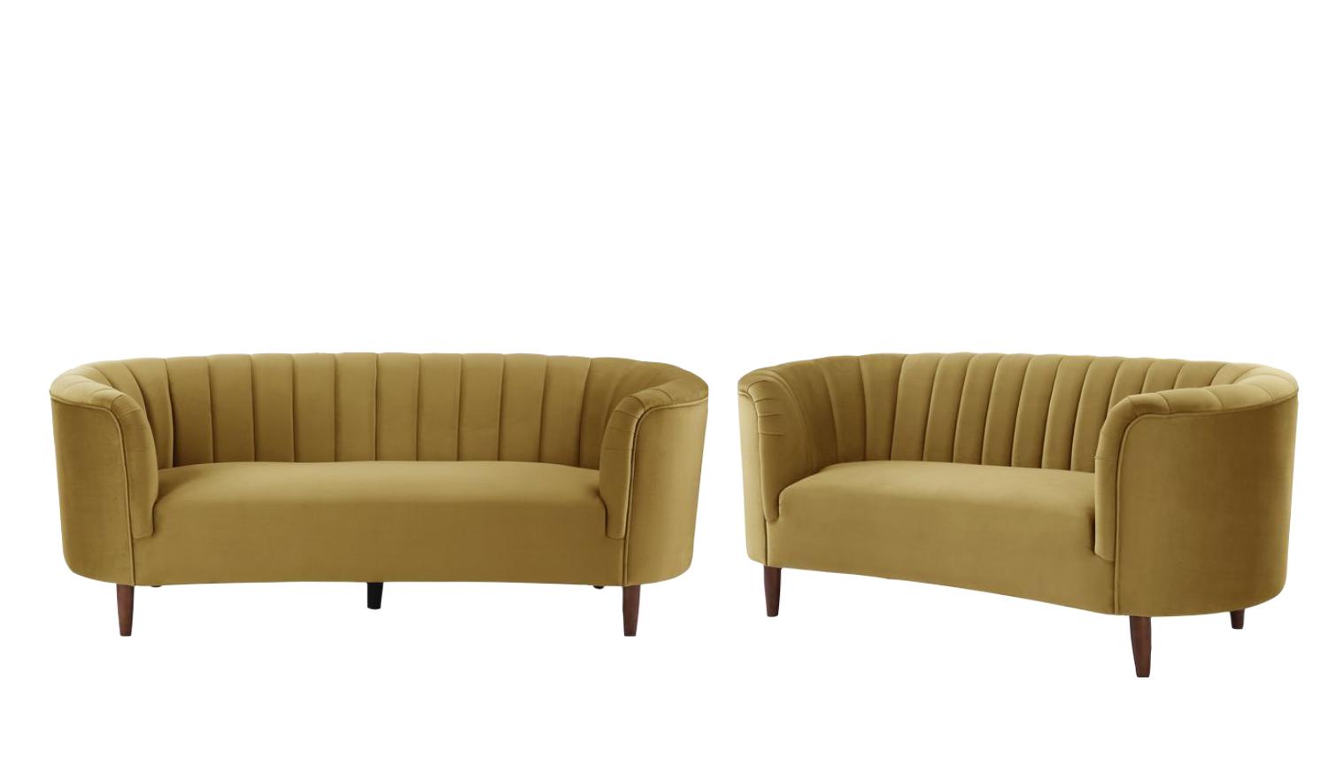 Modern Sofa and Loveseat Set Millephri LV00163-2pcs in Yellow Velvet