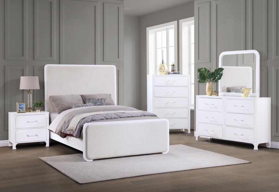 

    
Modern Pearl White Wood California King Panel Bedroom Set 6PCS Coaster Anastasia 224751KW

