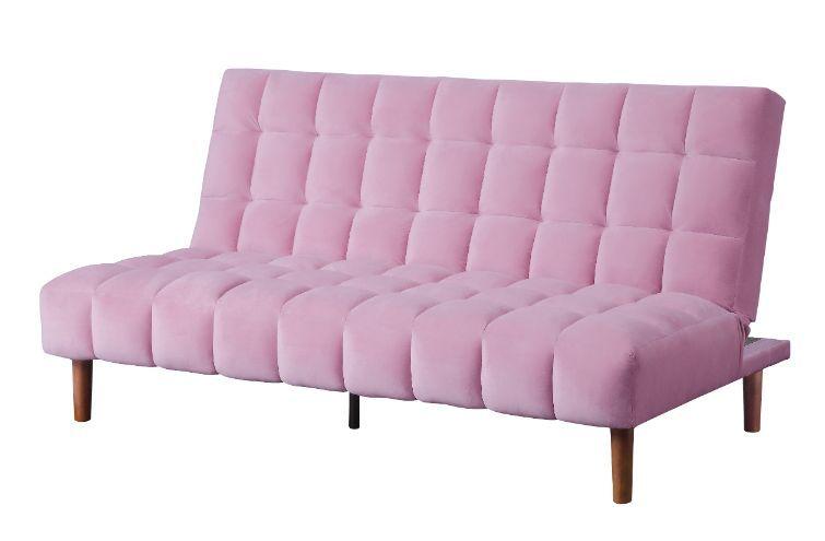 

    
Modern Pink Velvet & Dark Walnut Finish Futon Sofa by Acme Yolandi 57200
