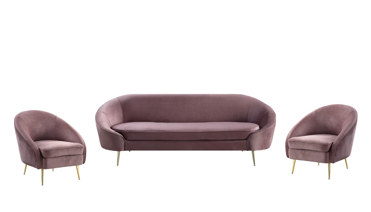 Modern Sofa and 2 Chairs Abey LV00205-3pcs in Pink Velvet