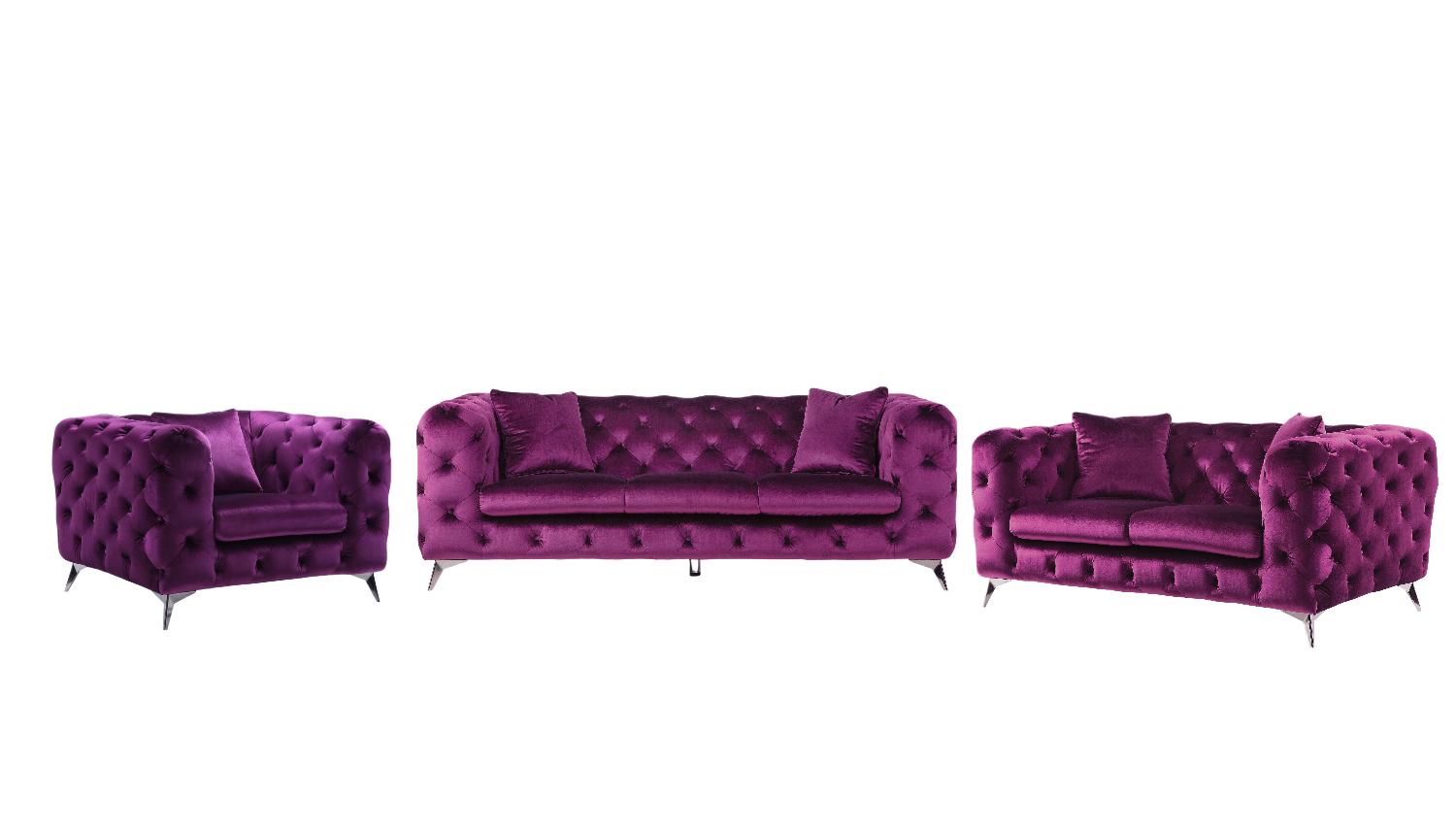 Modern Sofa Loveseat and Chair Set Atronia 54905-3pcs in Purple Fabric