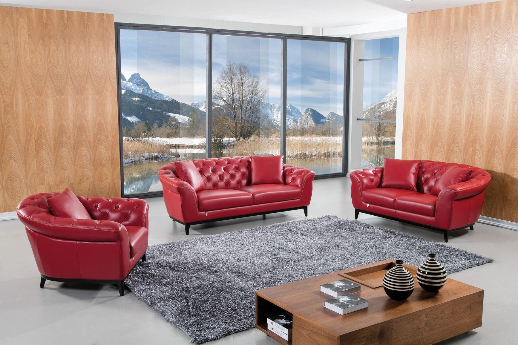 Contemporary, Modern Sofa Loveseat and Chair EK093-RED EK093-RED-Set-3 in Red Top grain leather