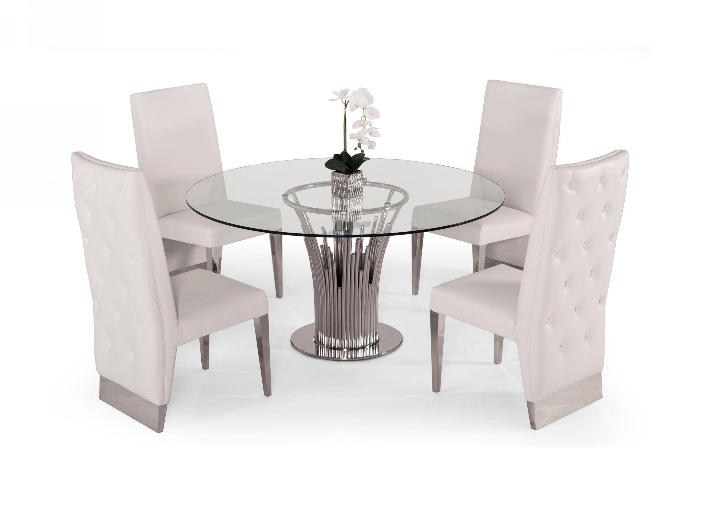 

    
Modern Round Glass & Stainless Steel Dining Table + 4 Chairs by VIG Modrest Paxton
