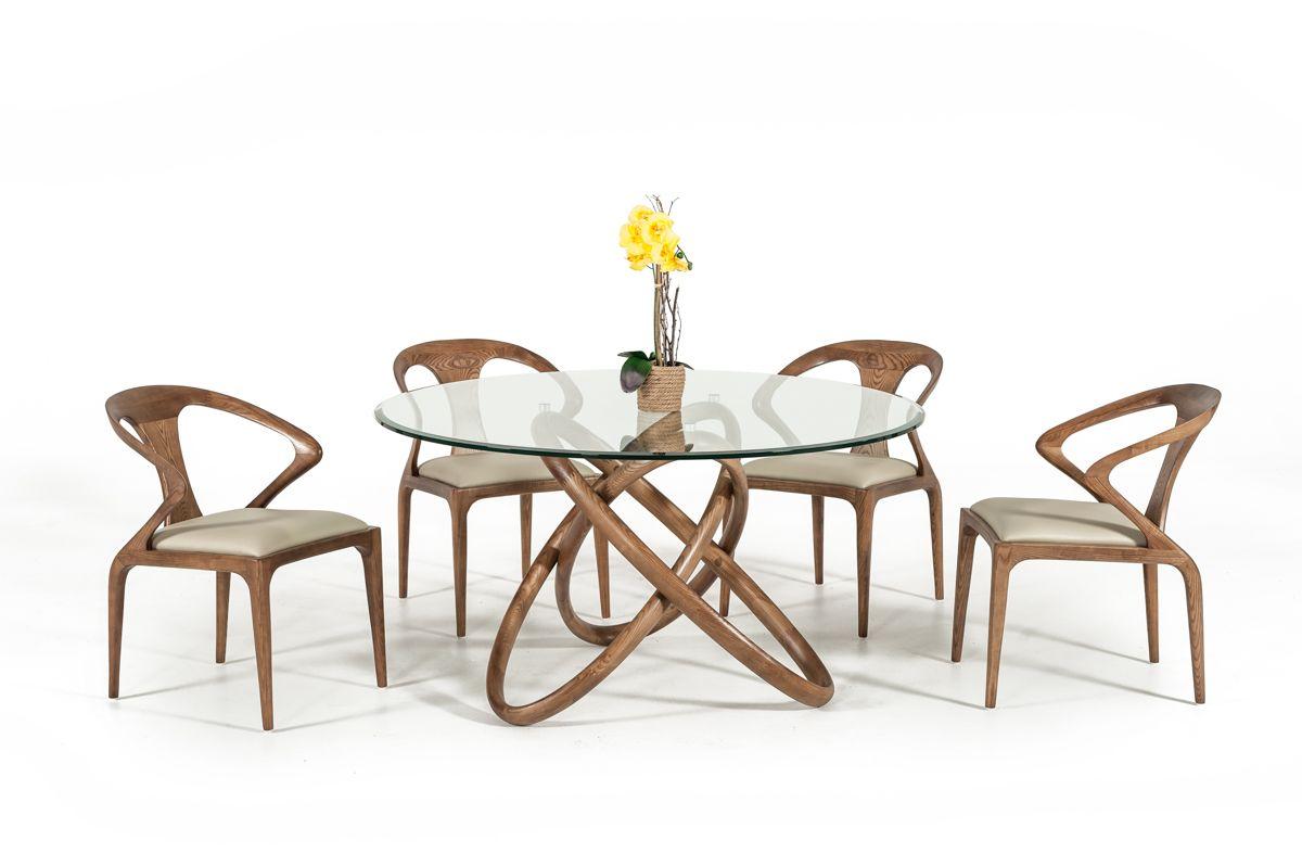 

    
Modern Round Glass & Walnut Dining Table + 4 Chairs by VIG Modrest Mason
