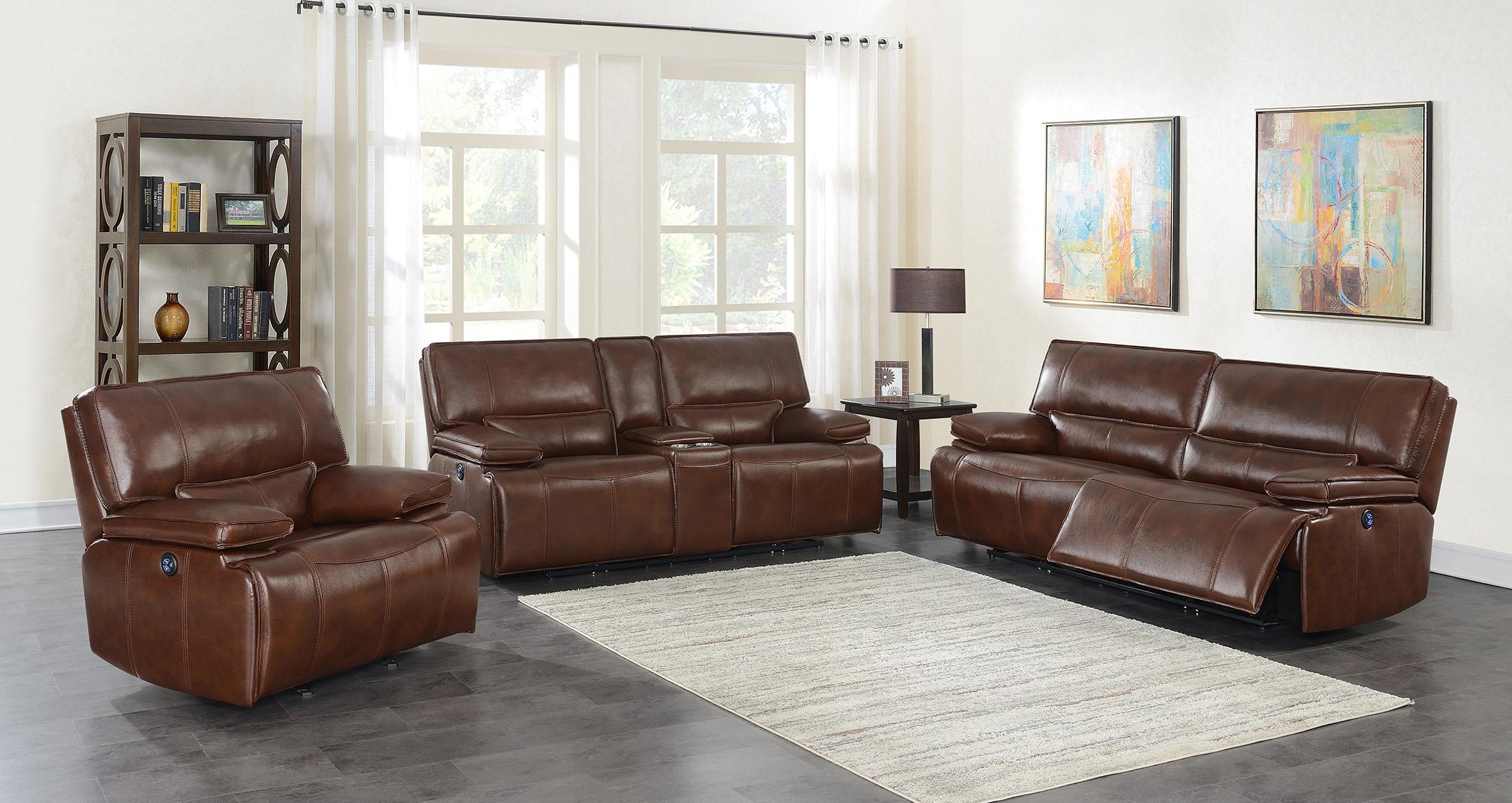 

    
Modern Saddle Brown Top Grain Leather Match Power Living Room Set 3pcs Coaster 610411P-S3 Southwick
