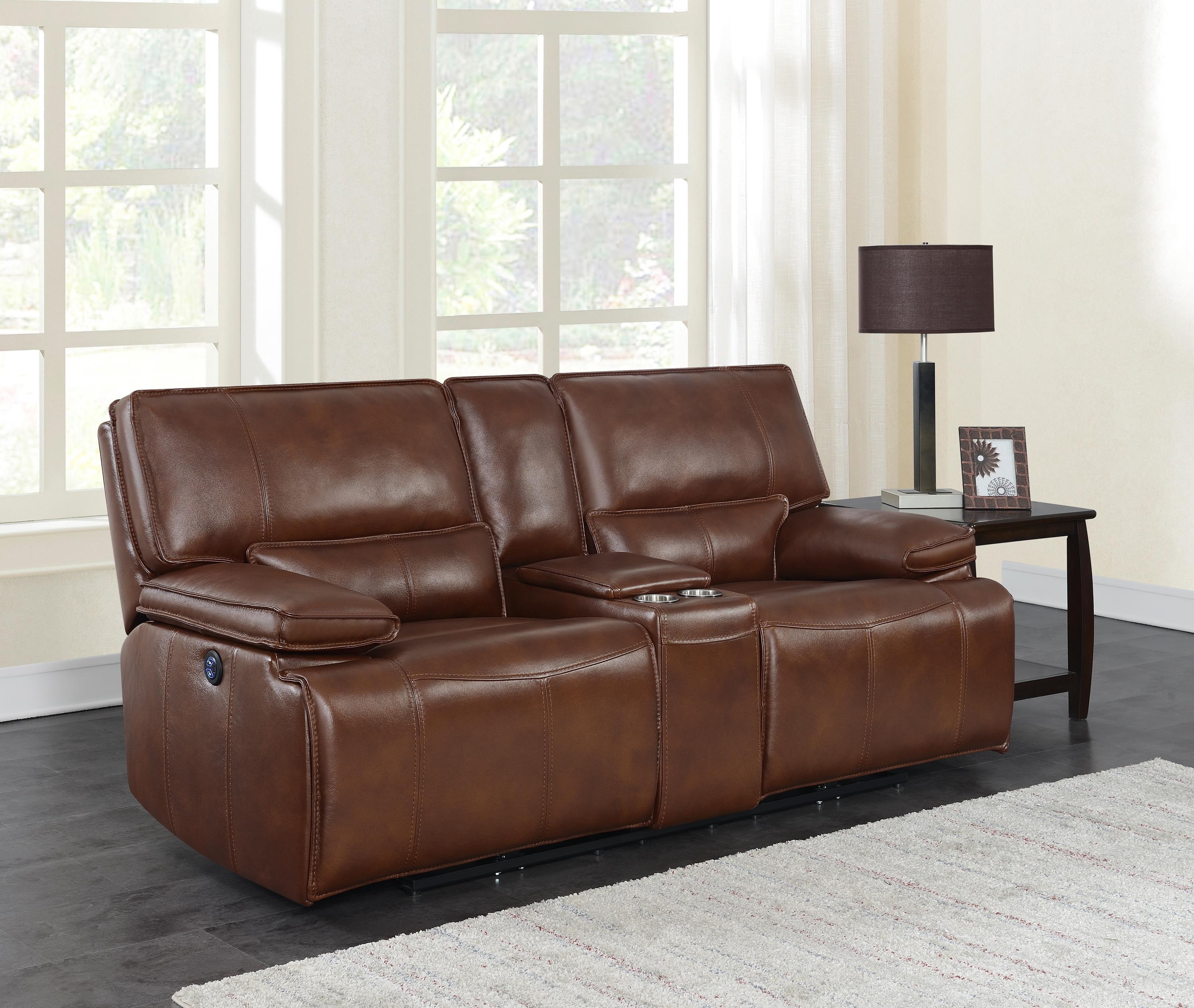 

    
 Shop  Modern Saddle Brown Top Grain Leather Match Power Living Room Set 3pcs Coaster 610411P-S3 Southwick
