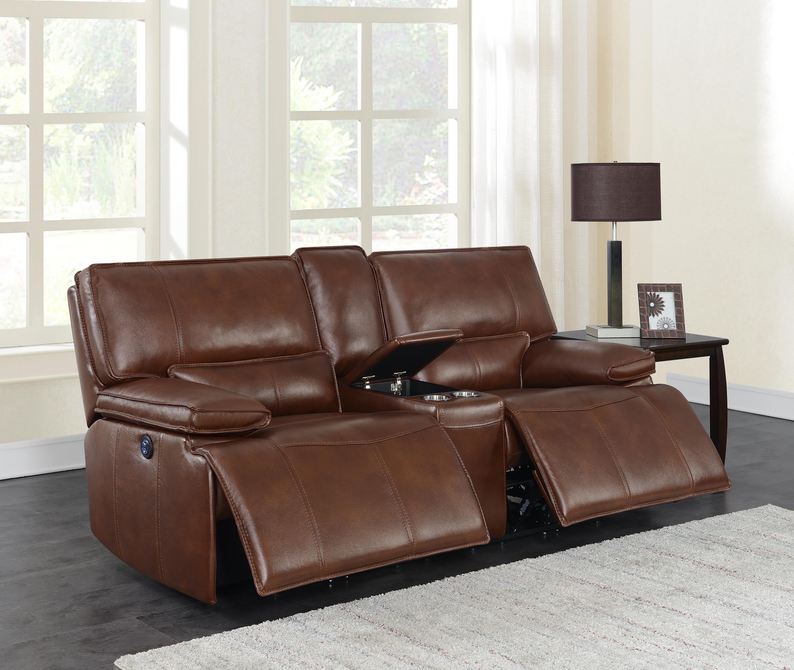 

    
 Photo  Modern Saddle Brown Top Grain Leather Match Power Living Room Set 3pcs Coaster 610411P-S3 Southwick
