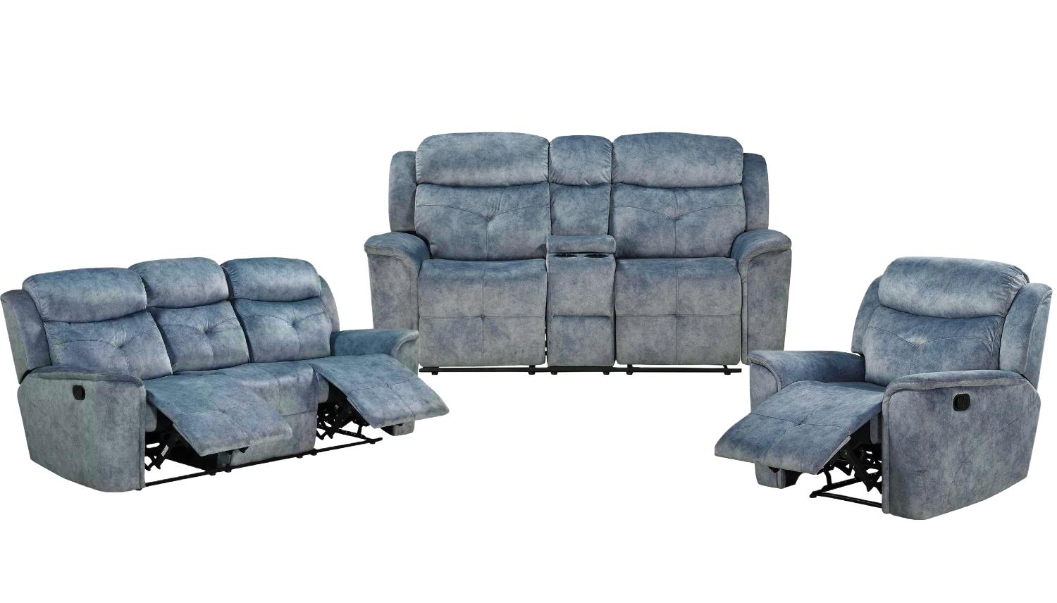 Modern Sofa Loveseat and Chair Set Mariana 55035-3pcs in Blue Fabric
