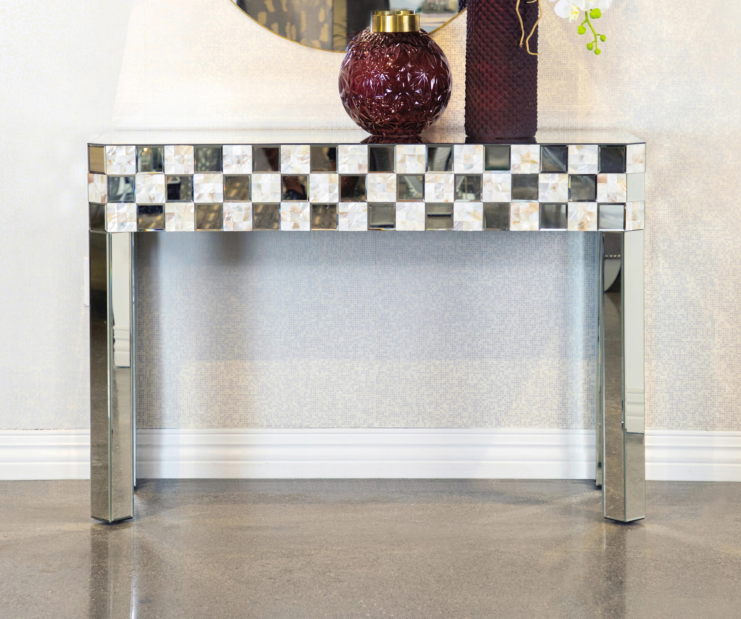 

    
Modern Silver Mirror & Mother of Pearl Console Table Coaster 952859
