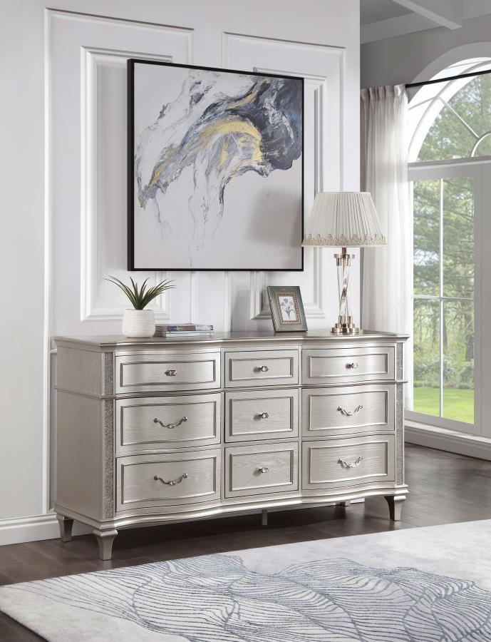 

    
Modern Silver Oak Wood Dresser With Mirror 2PCS Coaster Evangeline 223393
