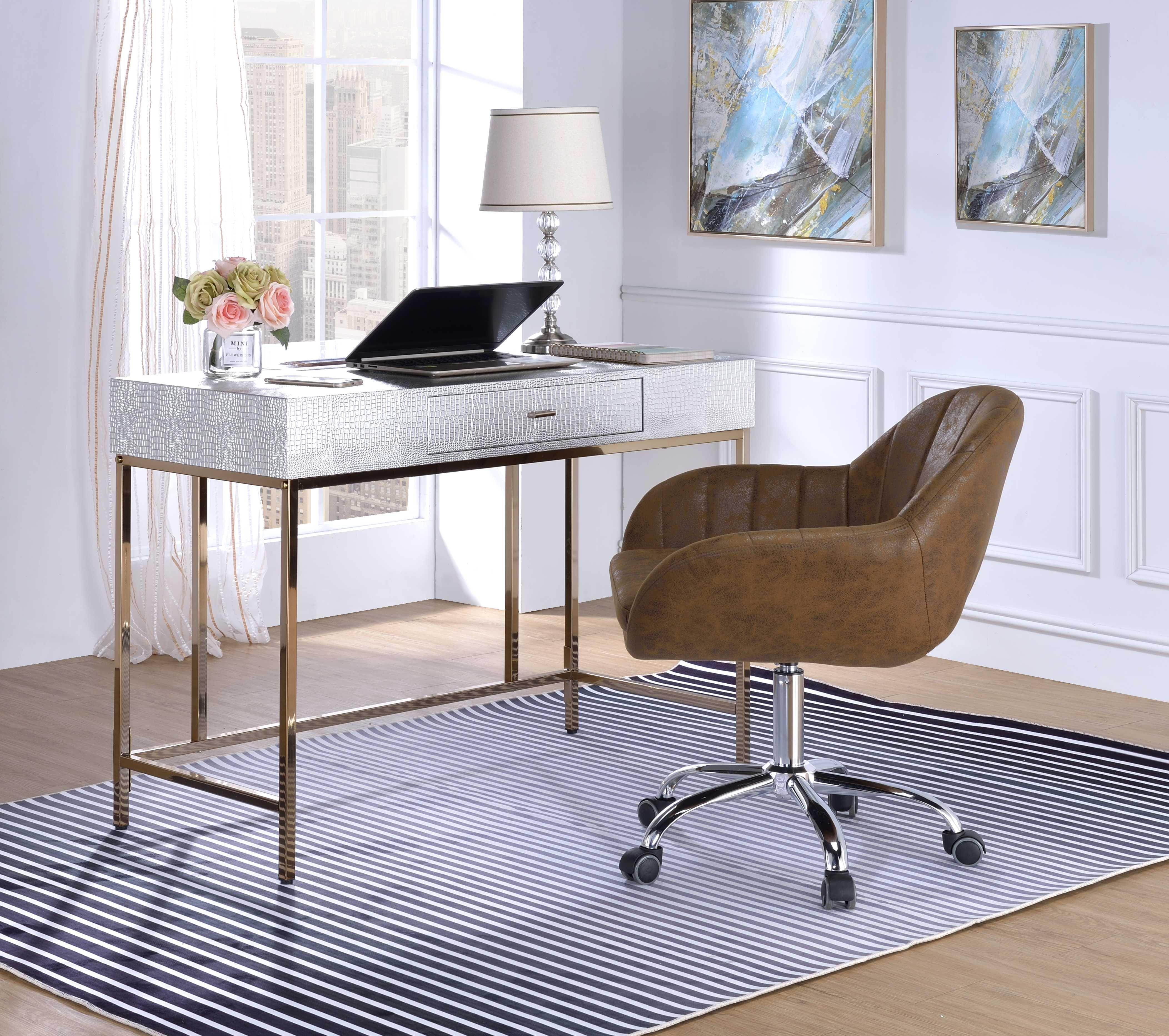 Modern Writing Desk Piety 92425 in Silver, Champagne Faux crocodile leather