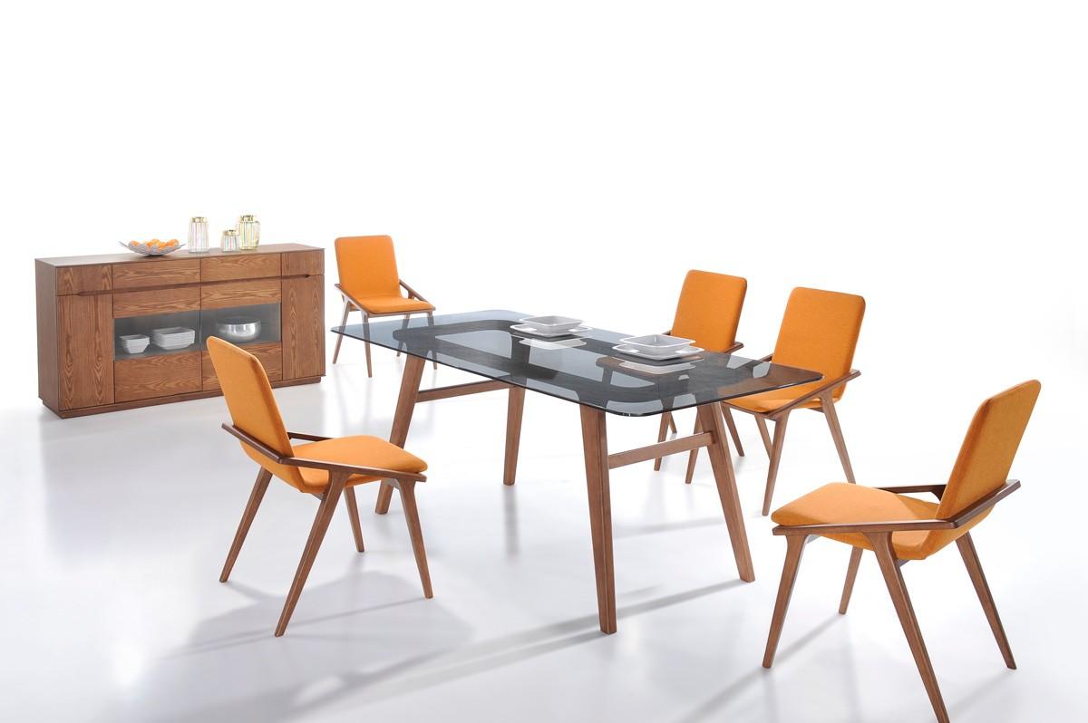 

    
Modern Smoked Glass Dining Table + 6 Orange Chairs by VIG Modrest Zeppelin
