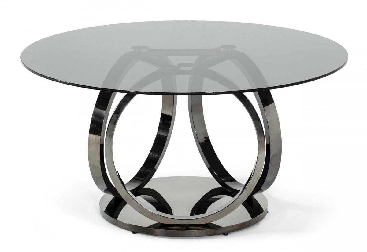 

    
Smoked Glass & Black Stainless Steel Dining Table + 4 Gray Chairs by VIG Modrest Enid
