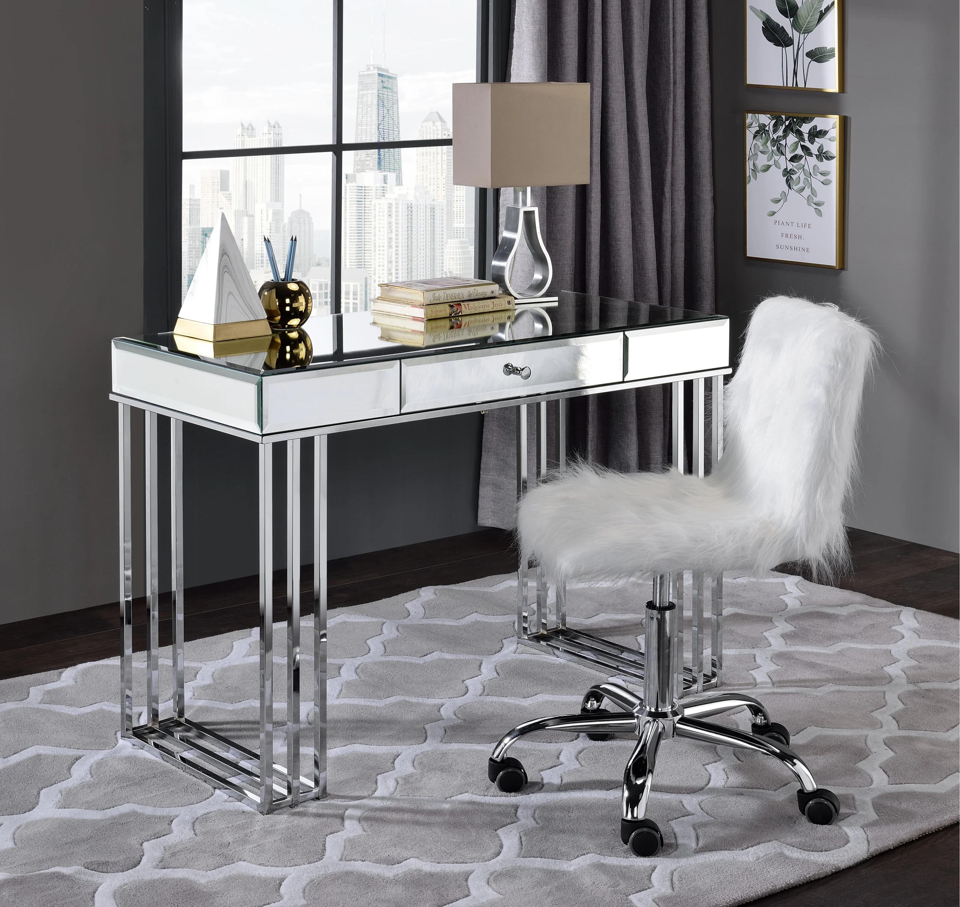 

    
Modern Smoky Mirrored & Chrome Writing Desk + Chair by Acme Critter 92979-2pcs
