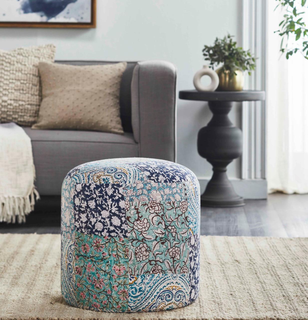 Modern, Traditional Ottoman P100 Round Pouf 718852653298 718852653298 in Teal Fabric