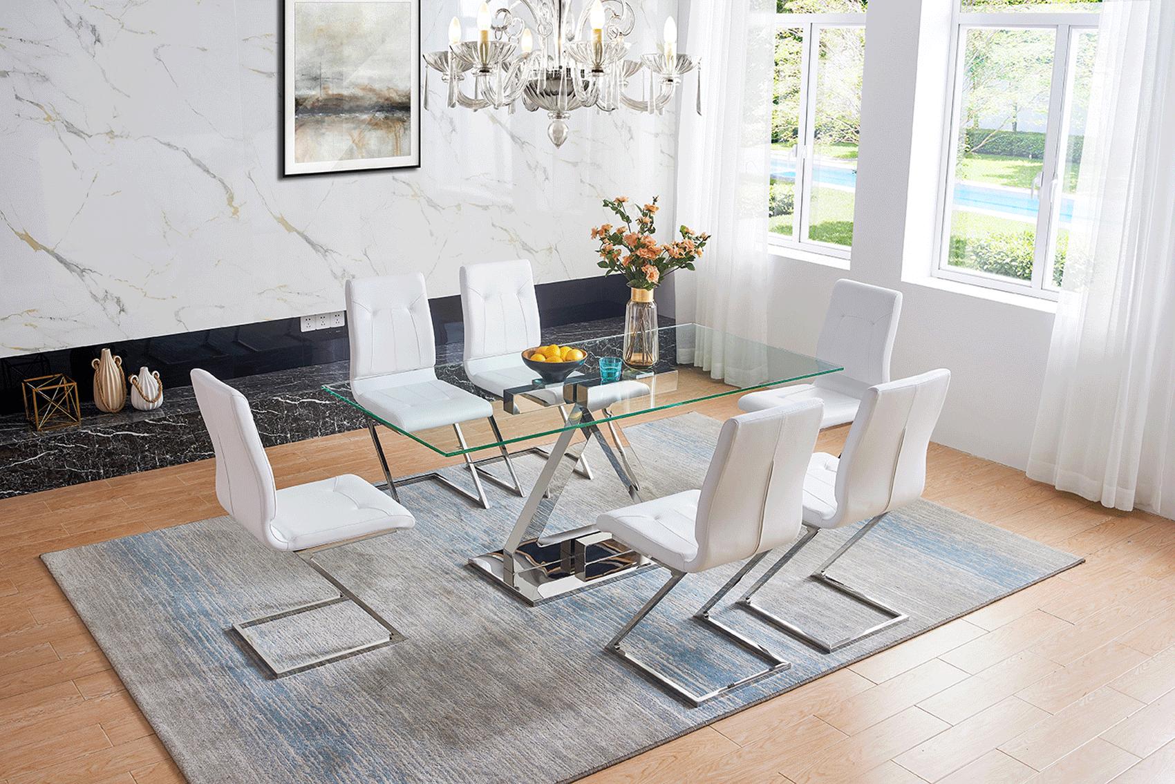 Contemporary, Modern Dining Table Set Zig Zag Dining Table with Zig Zag Chairs ZZ180-5PC in White, Silver Eco Leather