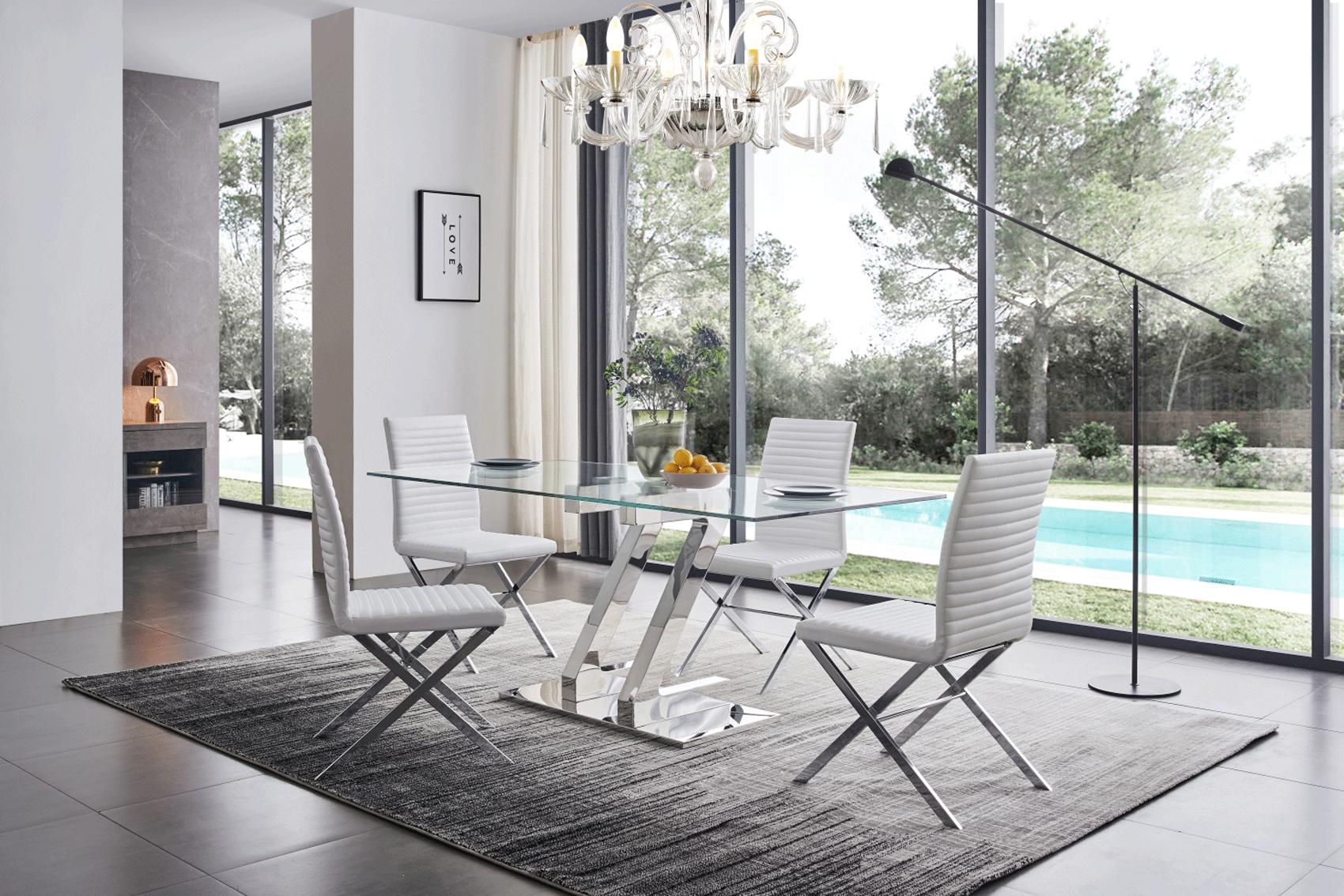 

    
Tempered Glass Dining Table 160 Set w/85 White Chairs Modern 5Pcs ESF ZZ
