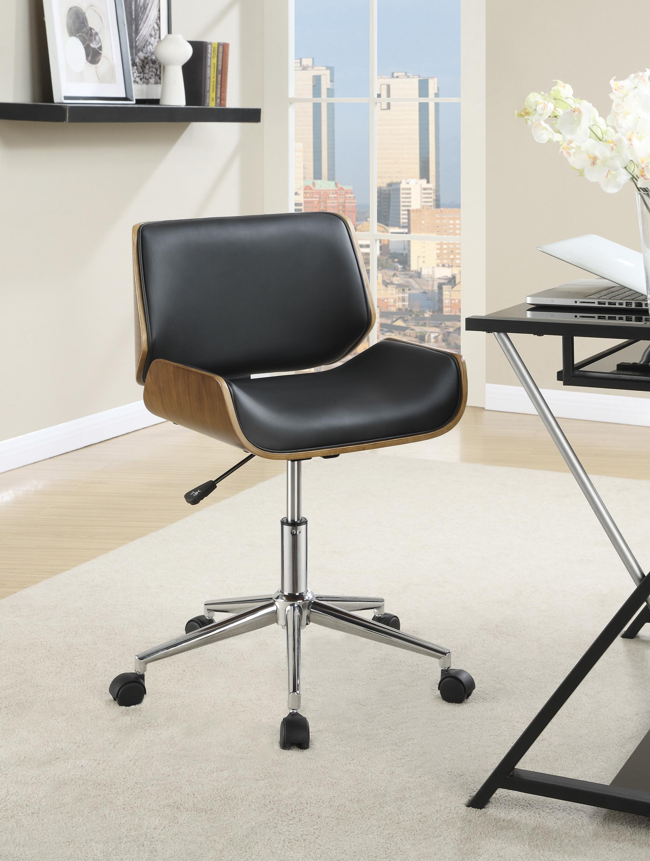 

    
Modern Walnut & Black Leatherette Office Chair Coaster 800612
