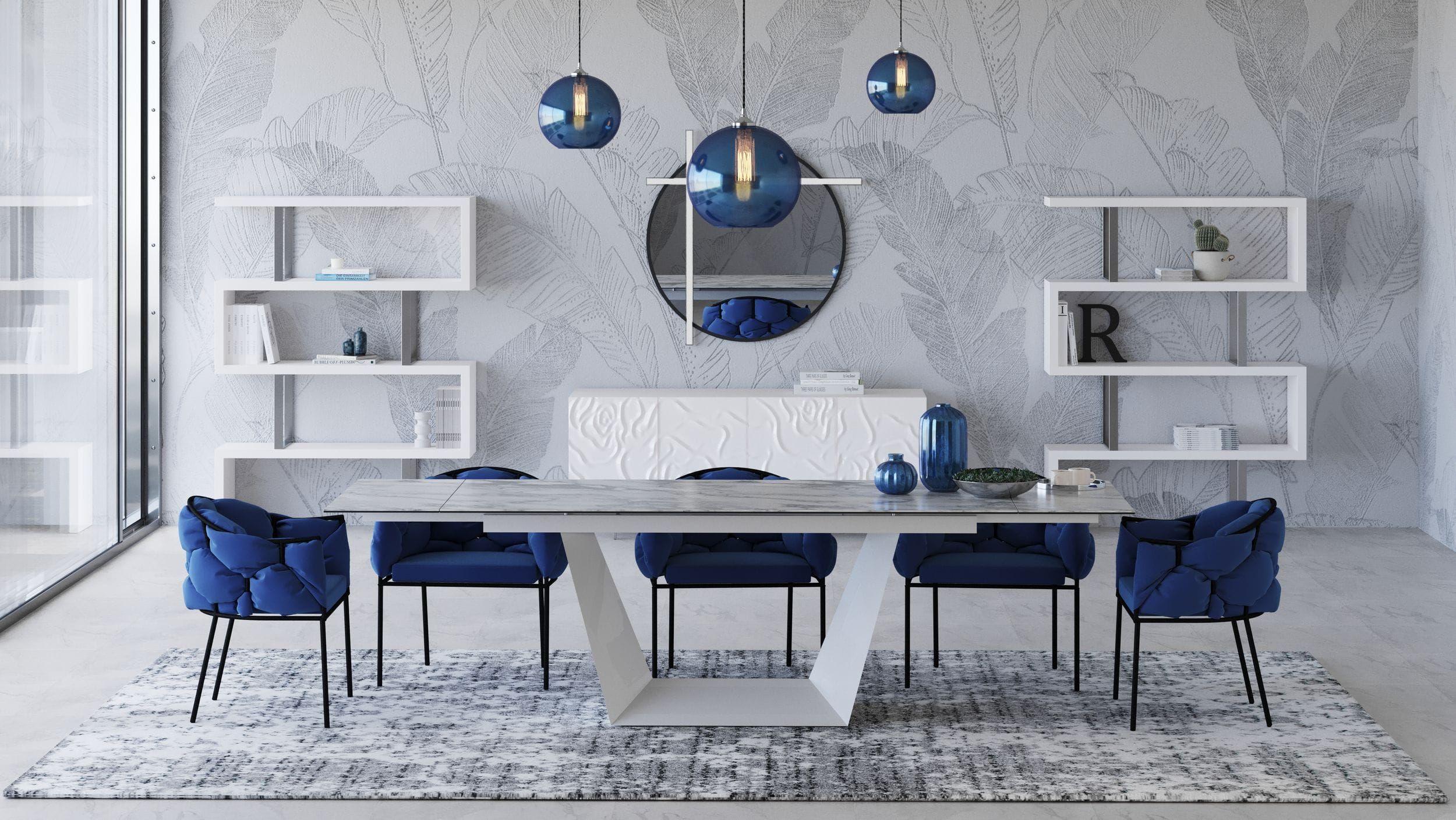 

    
Modern White Ceramic Extendable Dining Table + 6 Blue Chairs by VIG Modrest Baldwin
