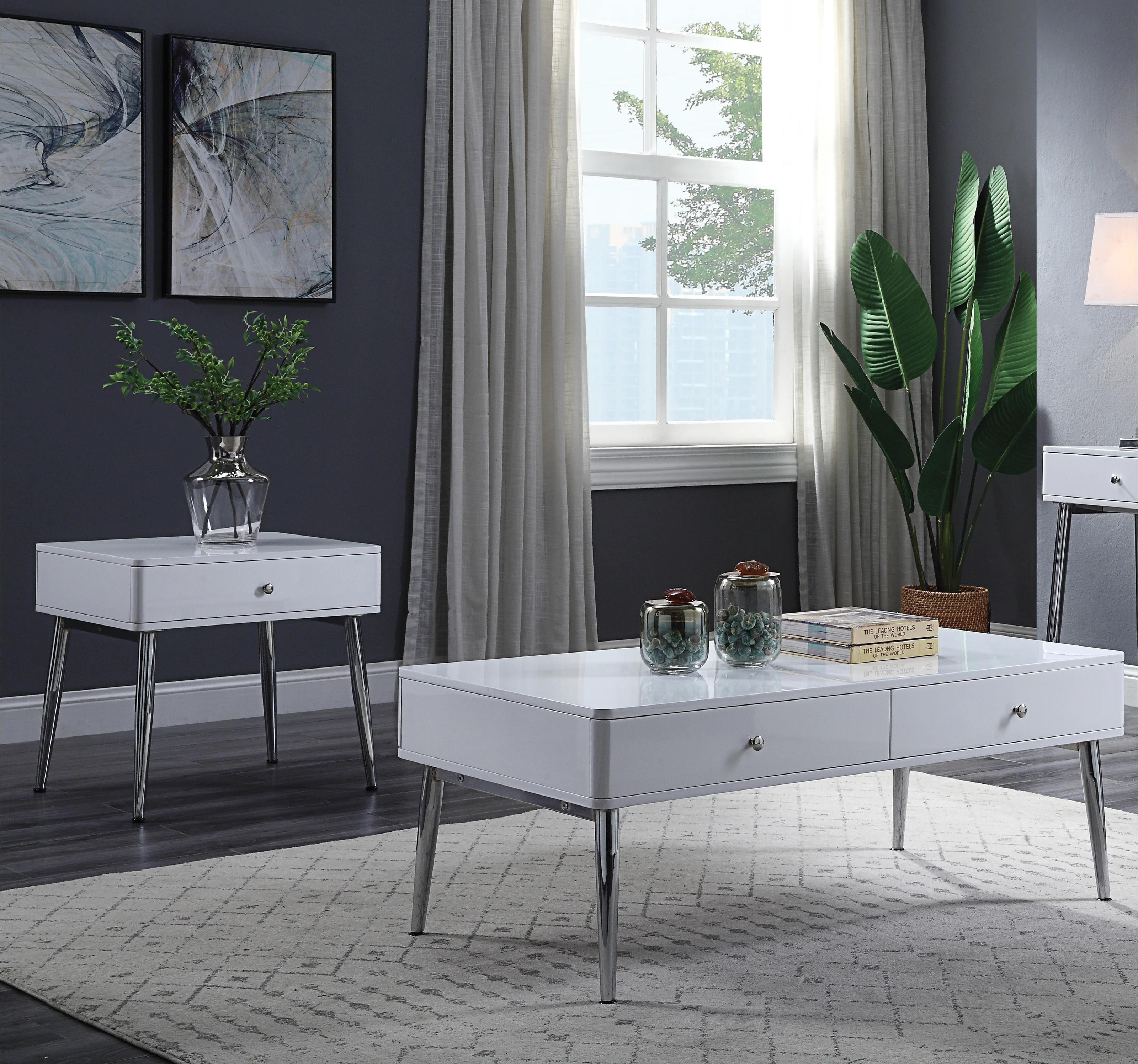 

    
Modern White & Chrome Coffee Table + 2 End Tables by Acme Weizor 87150-3pcs
