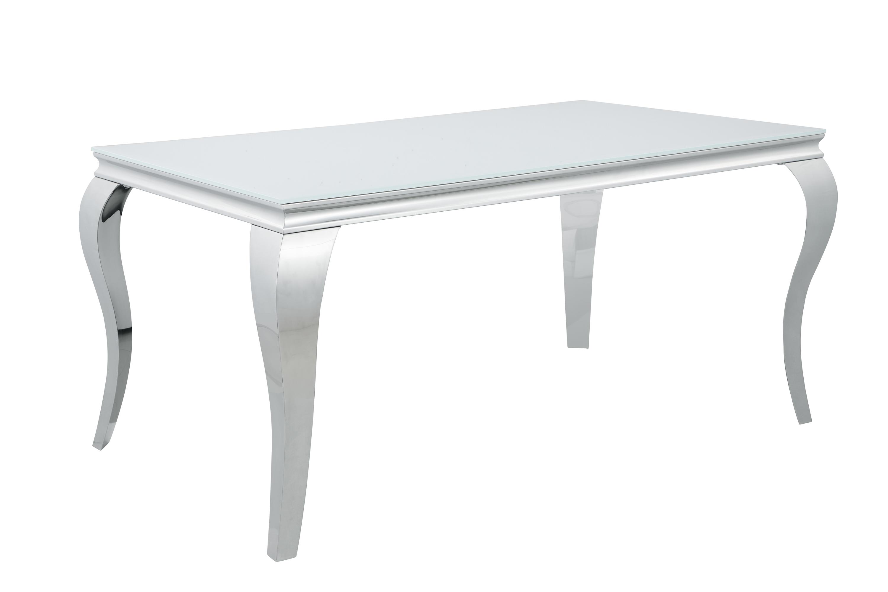 

    
Modern White & Chrome Tempered Glass Top Dining Table Coaster 115091 Carone

