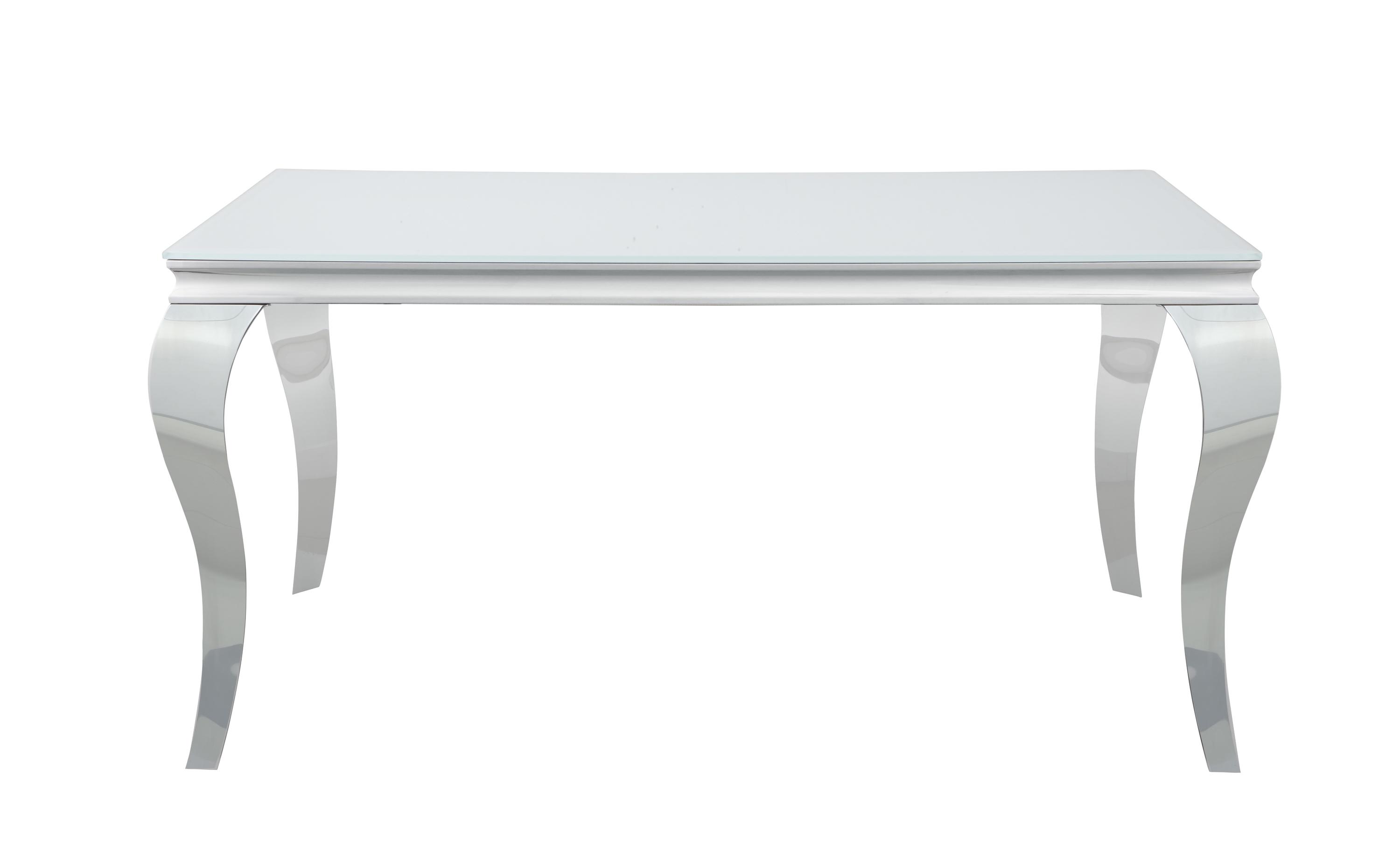 

    
Modern White & Chrome Tempered Glass Top Dining Table Coaster 115091 Carone
