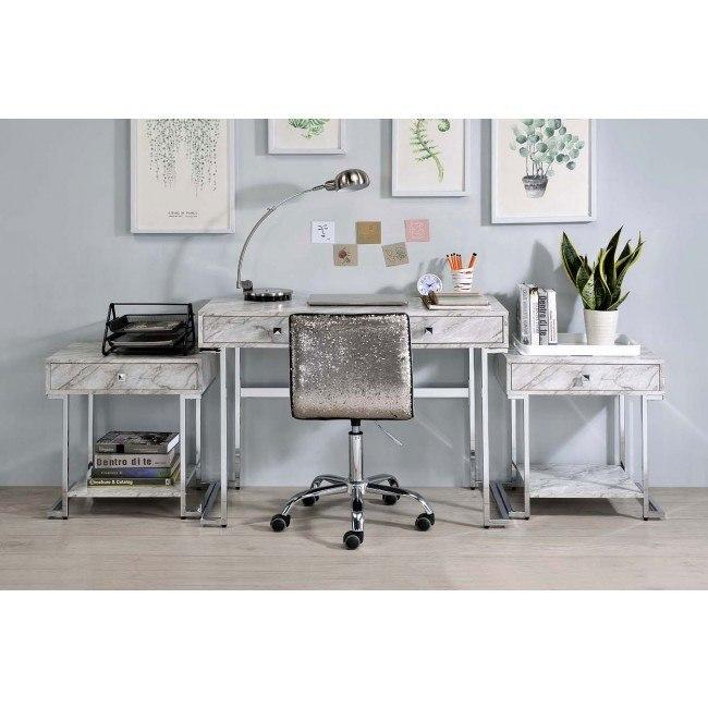 

    
Modern White Faux Marble & Chrome Writing Desk + 2 End Tables by Acme 92615-4pcs Tigress
