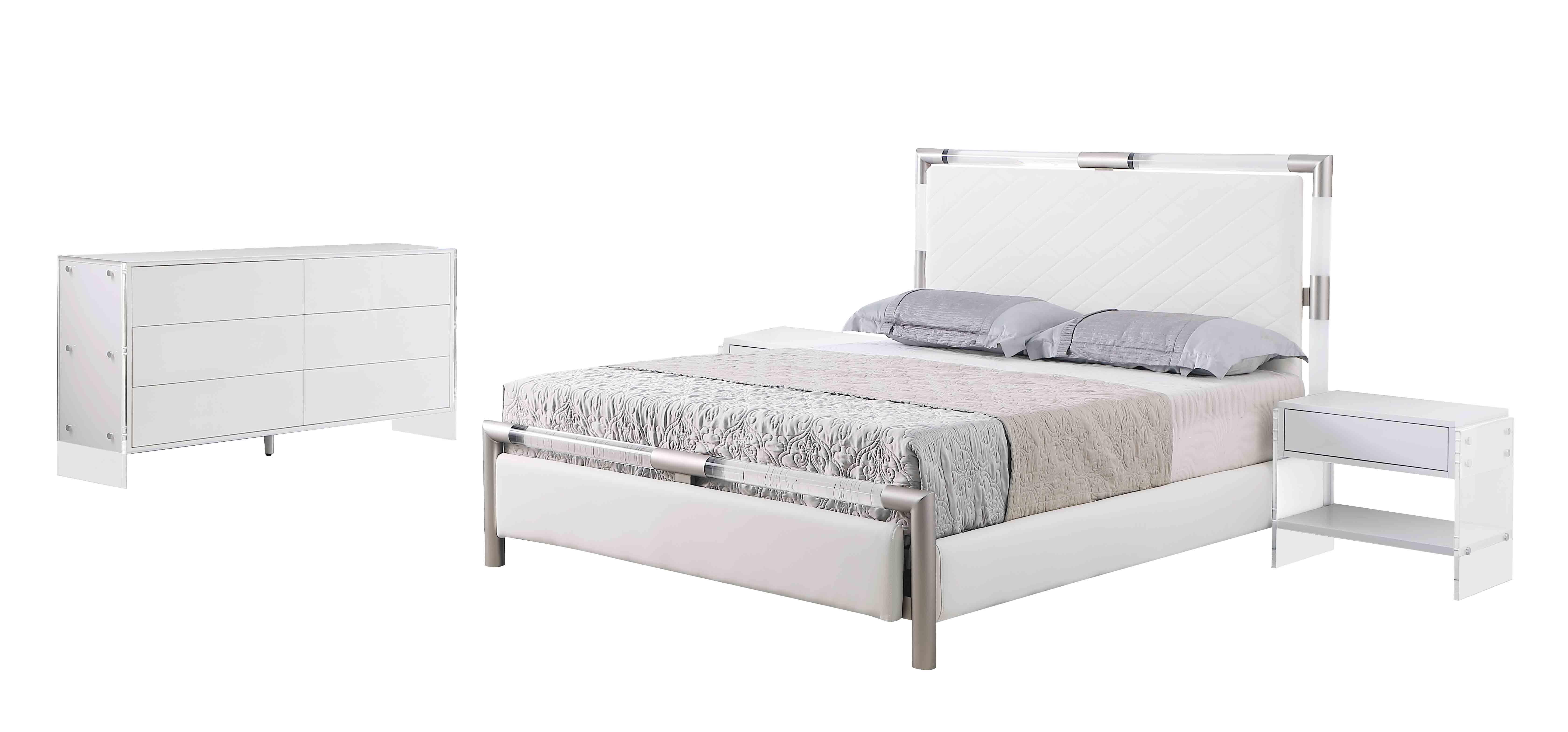 Contemporary Platform Bedroom Set Barcelona BARCELONAKG-Set-4 in White Leatherette