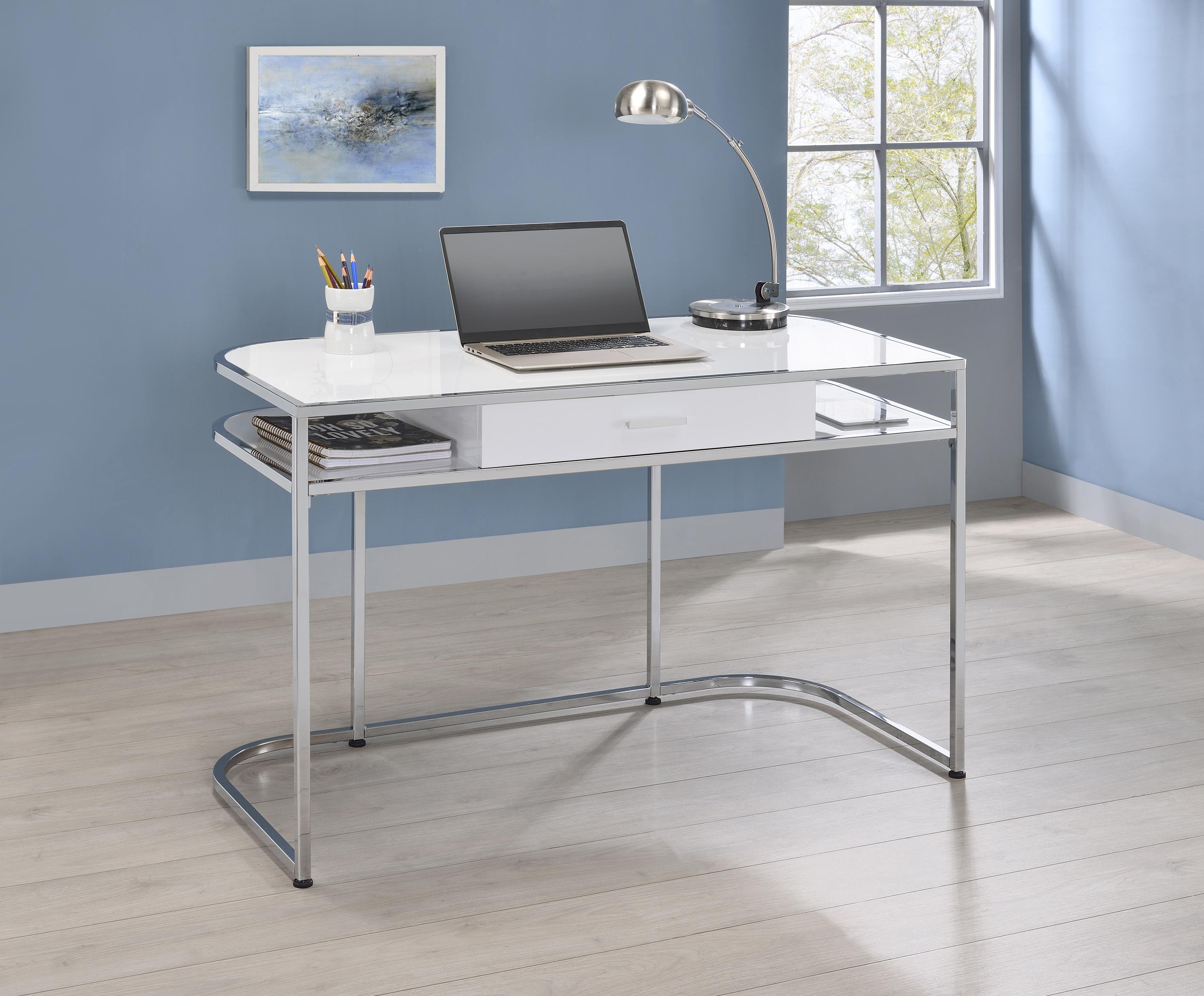 

    
 Shop  Modern White High Gloss Steel & Wood Writing Desk Coaster 803401 Ember
