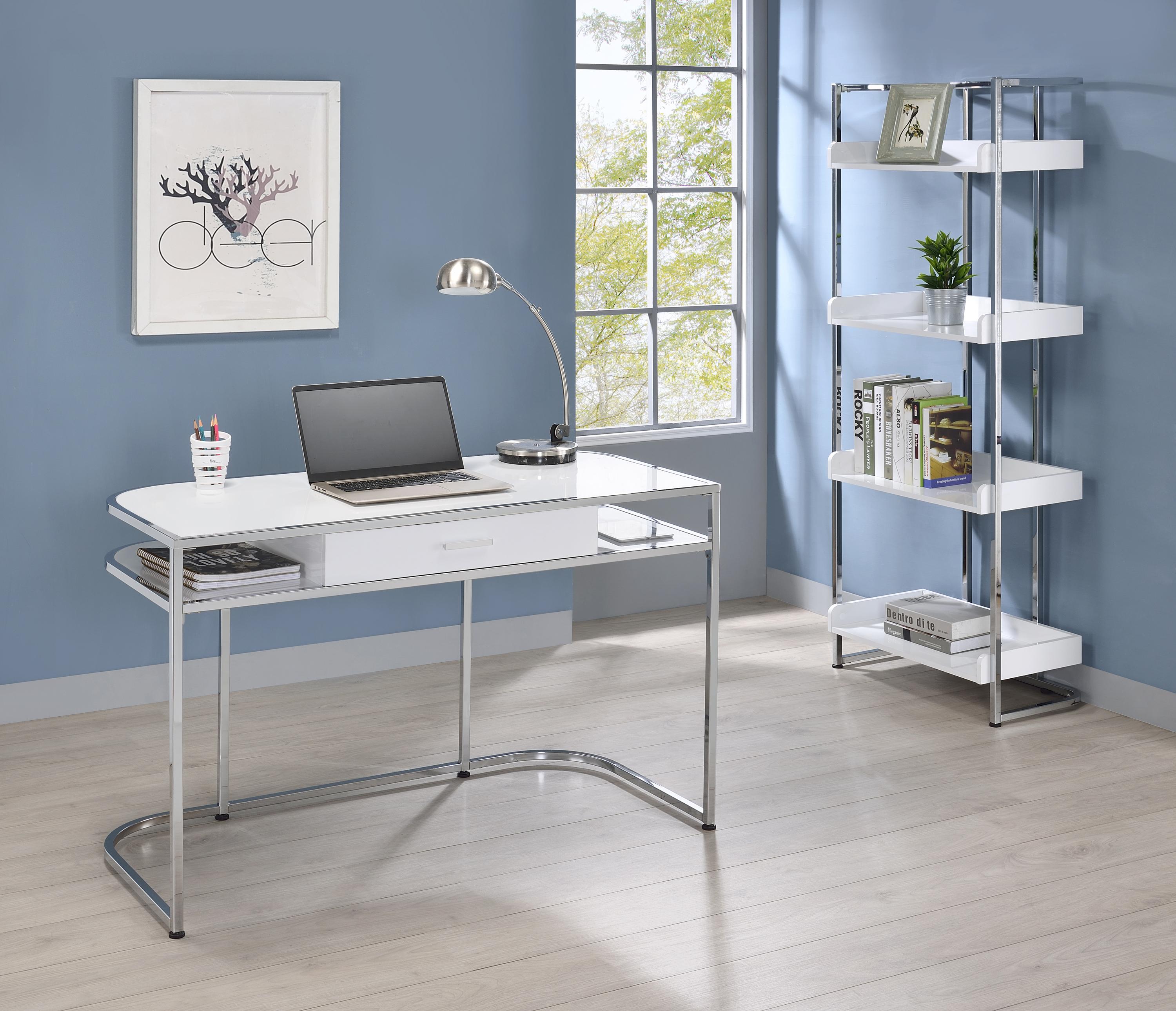 

    
 Photo  Modern White High Gloss Steel & Wood Writing Desk Coaster 803401 Ember
