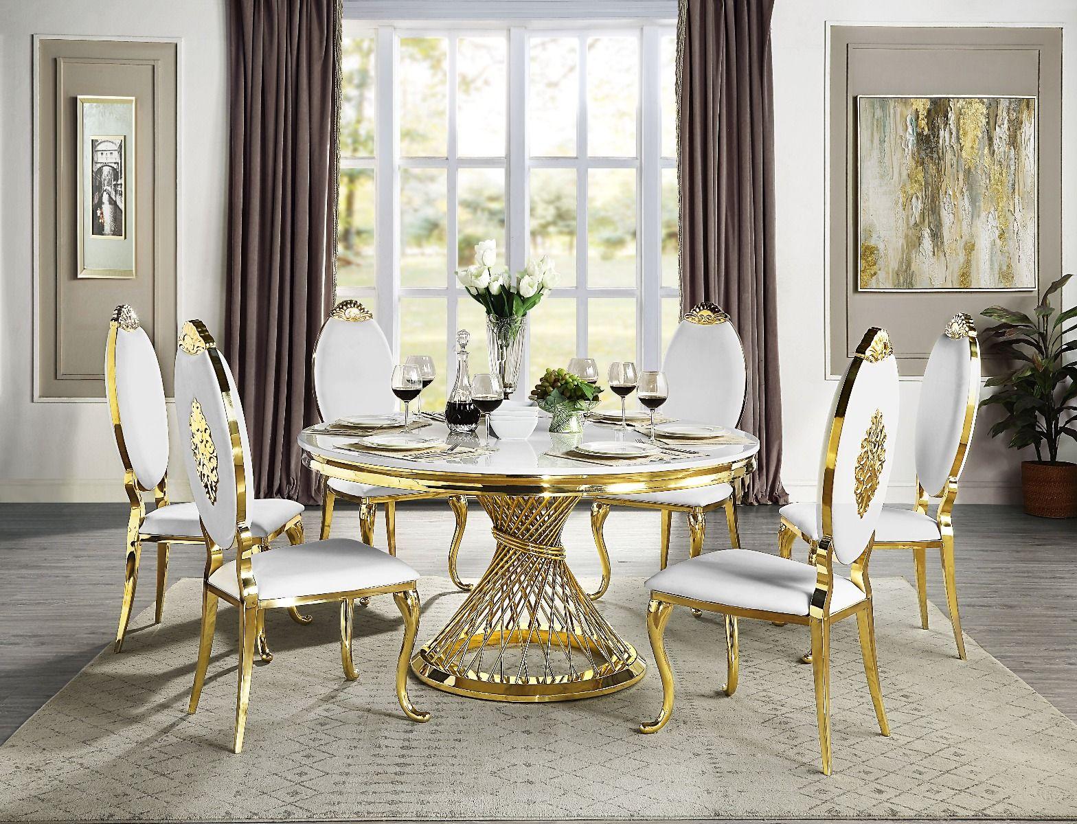 

    
Modern White Leather Gold Stainless Steel Dining Table + 6 Side Chairs Acme Fallon DN01189-DN01190-7PCS

