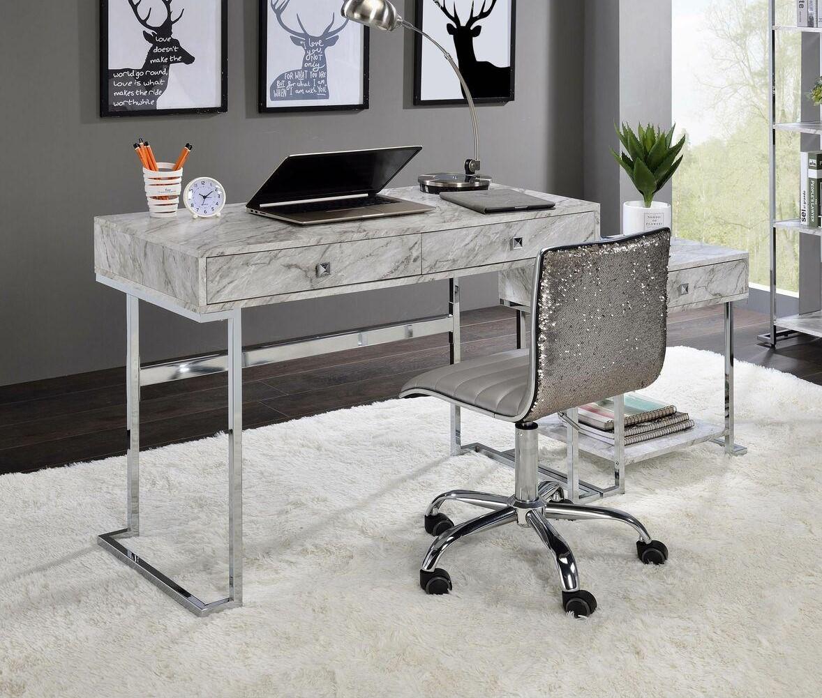 

    
Modern White Printed Faux Marble & Chrome  Home Office Set by Acme 92615-3pcs Tigress
