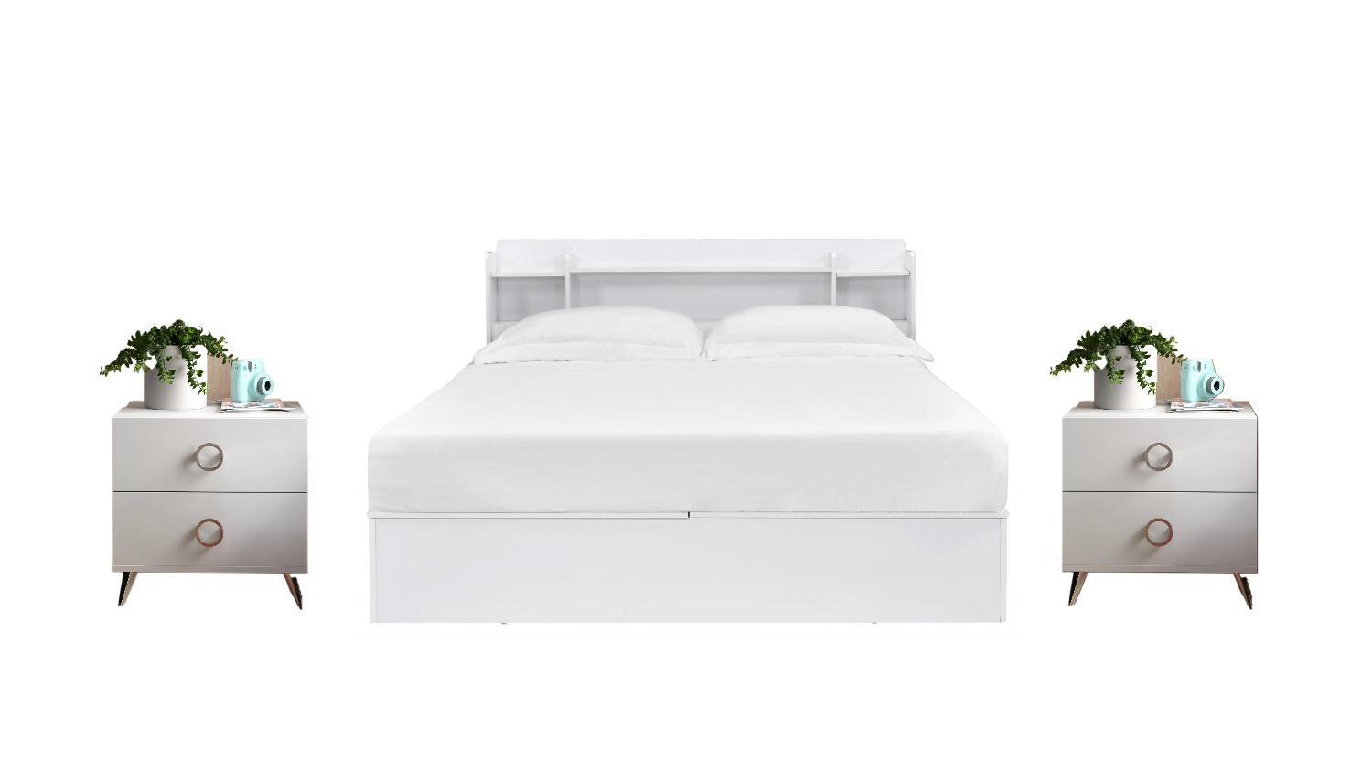 Modern Bed and 2 Nightstands Set Perse BD00548Q-3pcs in White 