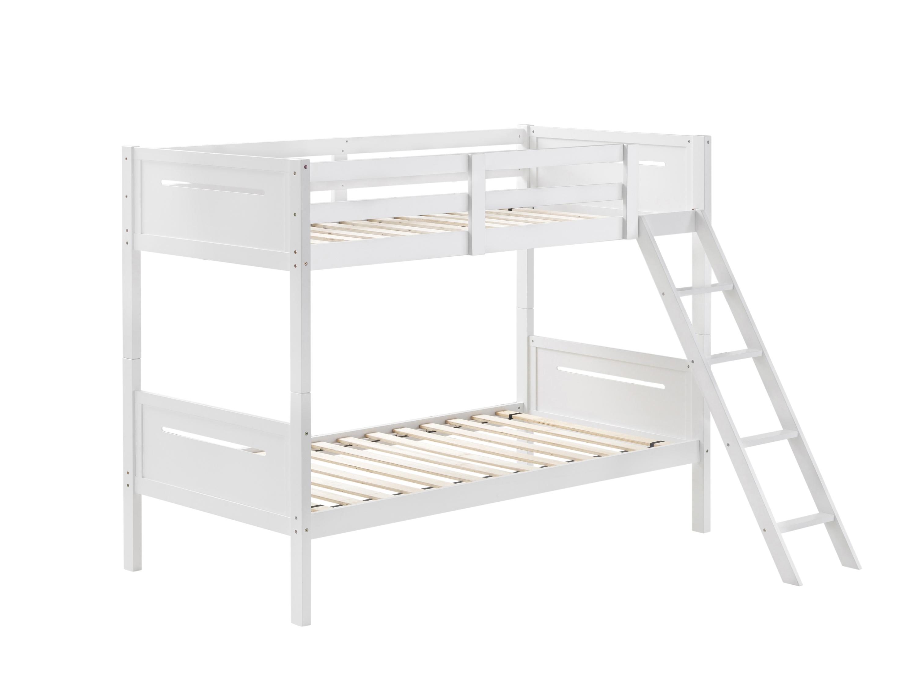 

    
Modern White Solid Rubberwood Twin/Twin Bunk Bed Coaster 405051WHT Littleton
