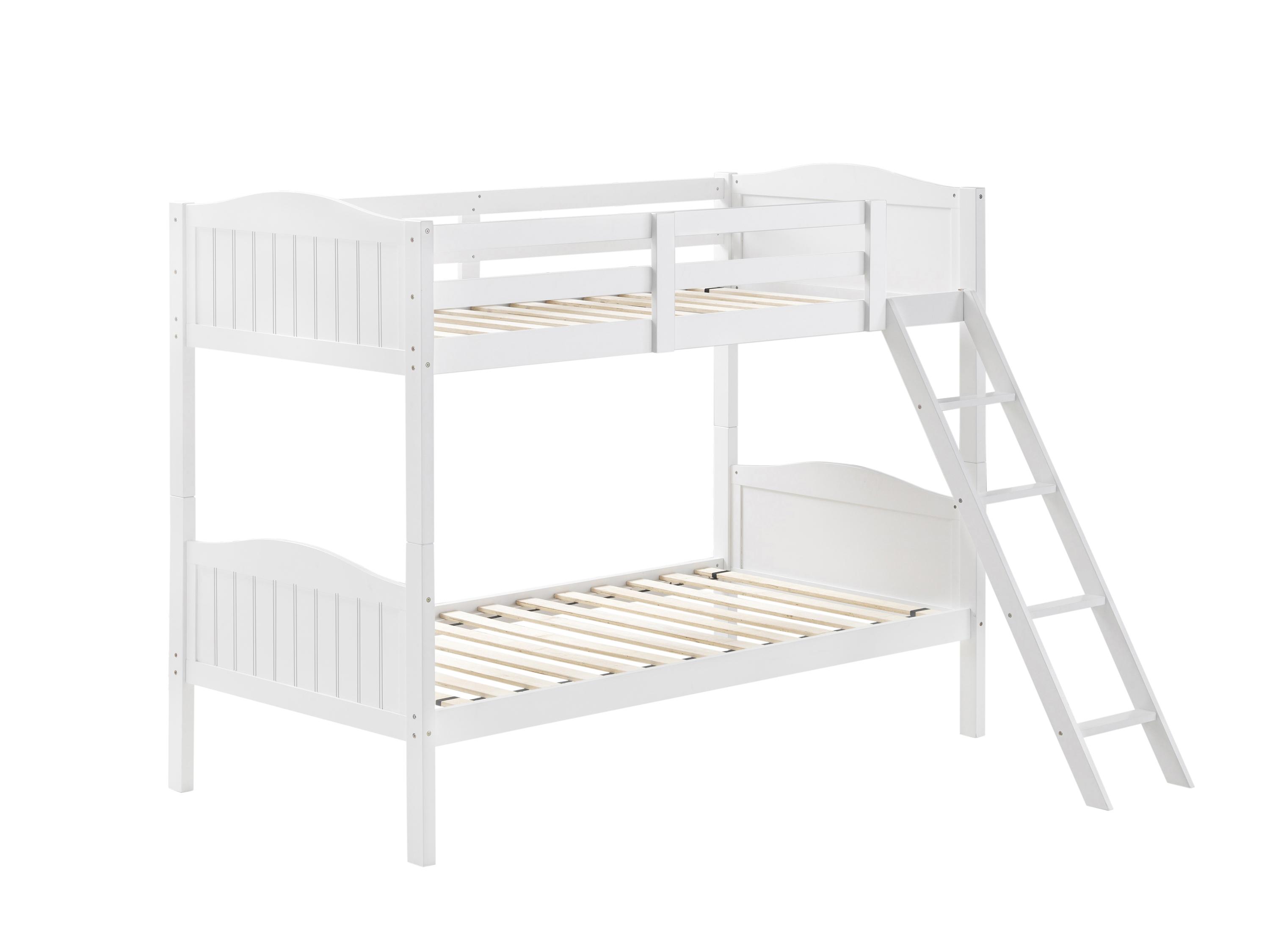 

    
Modern White Solid Rubberwood Twin/Twin Bunk Bed Coaster 405053WHT Littleton
