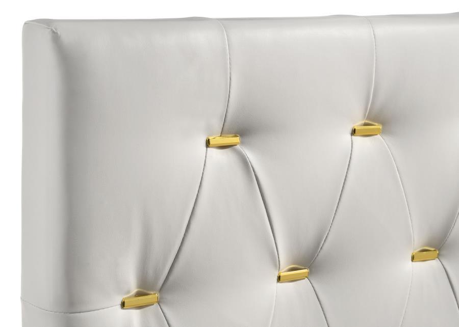 

                    
Coaster Kendall California King Panel Bed 224401KW Panel Bed White/Gold/Black Leatherette Purchase 
