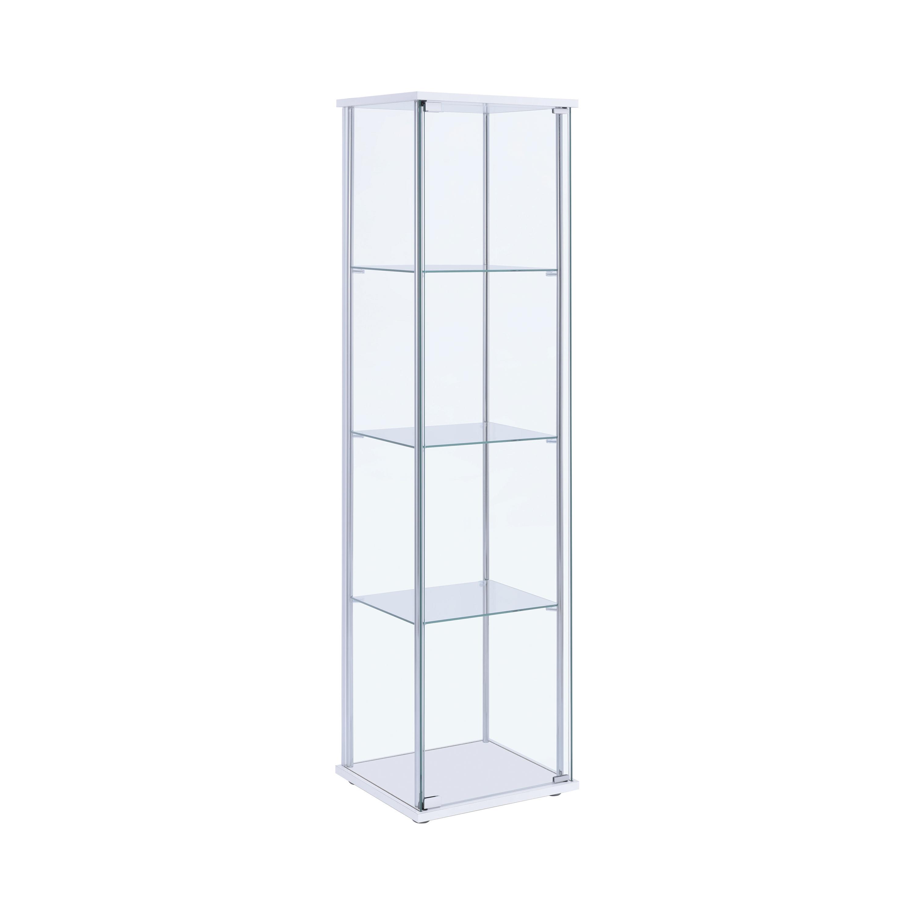 

    
Modern White Wood & Clear Tempered Glass Curio Cabinet Coaster 951072
