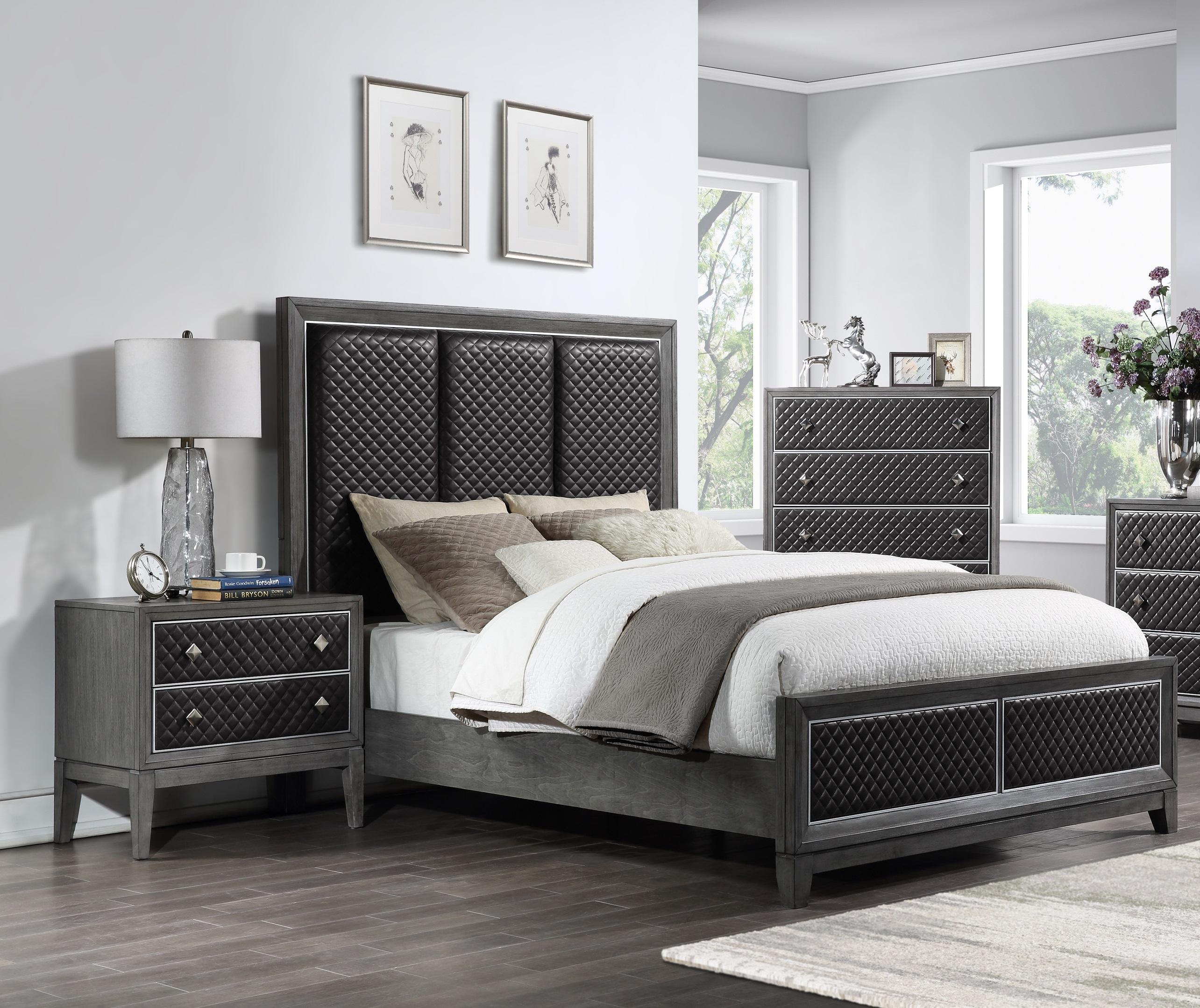 Modern Bed and 2 Nightstands Set 1566GYK-1EK*-3PC West End 1566GYK-1EK*-3PC in Gray Faux Leather