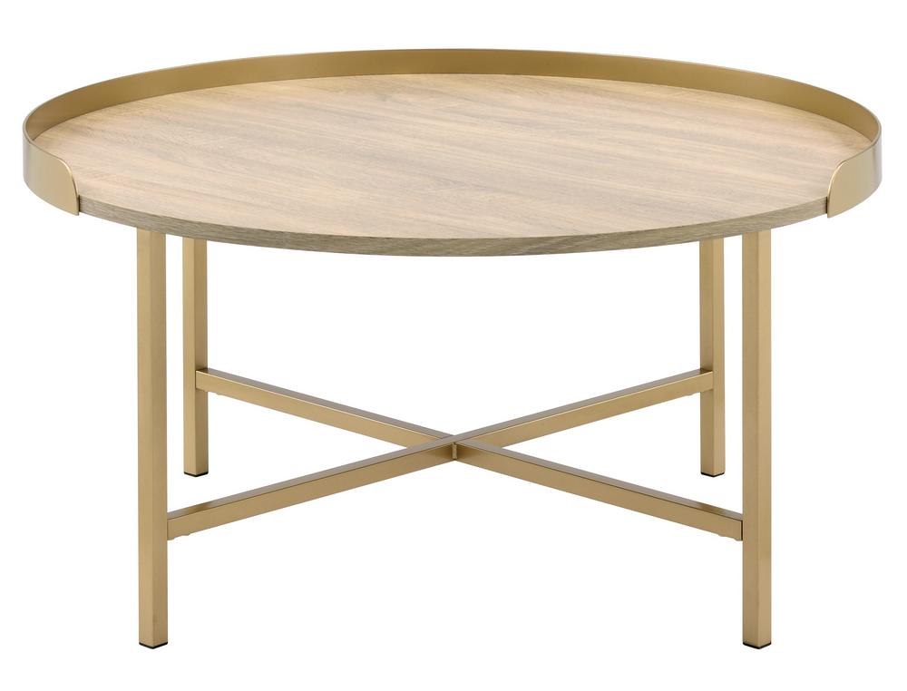

    
Modern Wood Oak & Gold Coffee Table by Acme Mithea 82335
