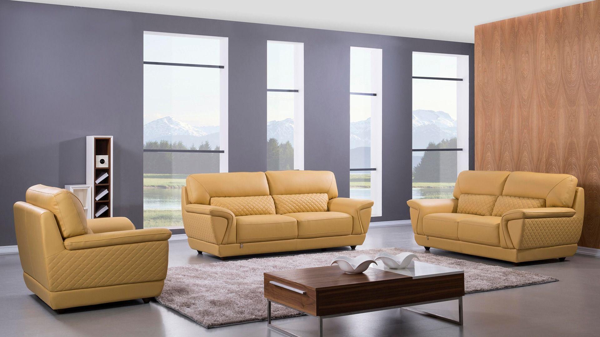 Yellow Italian Leather Sofa Set 2pcs