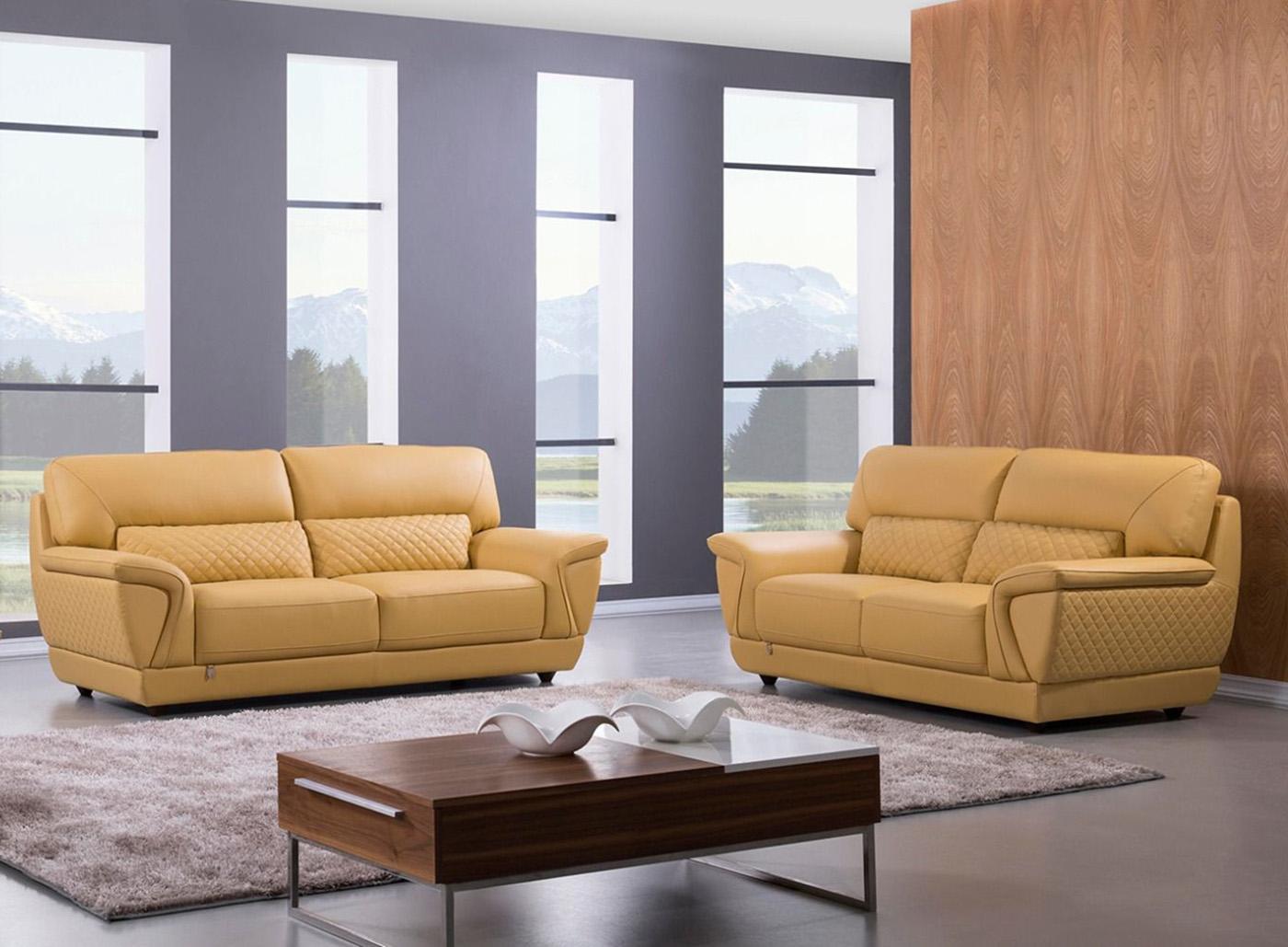 Yellow Italian Leather Sofa Set 2pcs