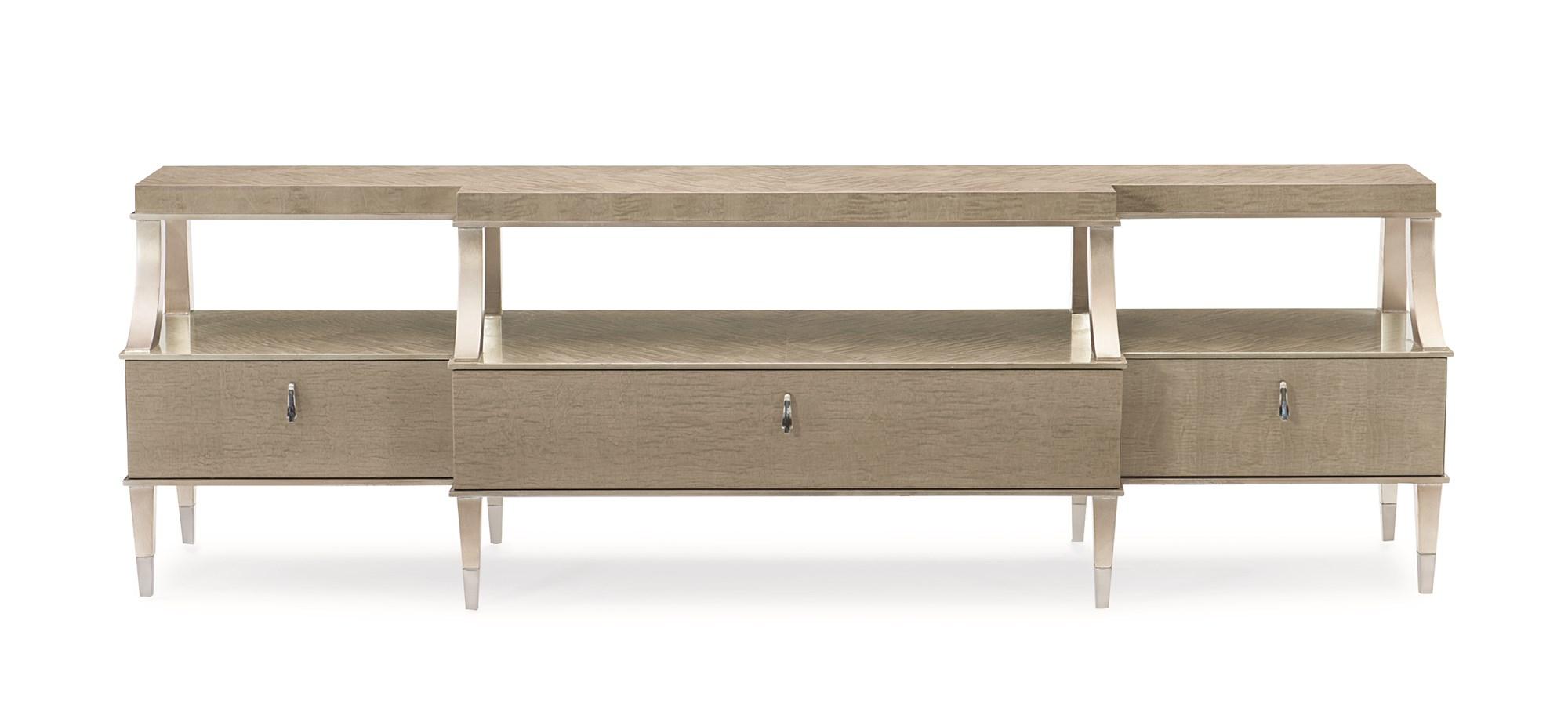 

    
Moonlit Sand with Soft Silver Leaf Console Table SHELF APPEAL by Caracole
