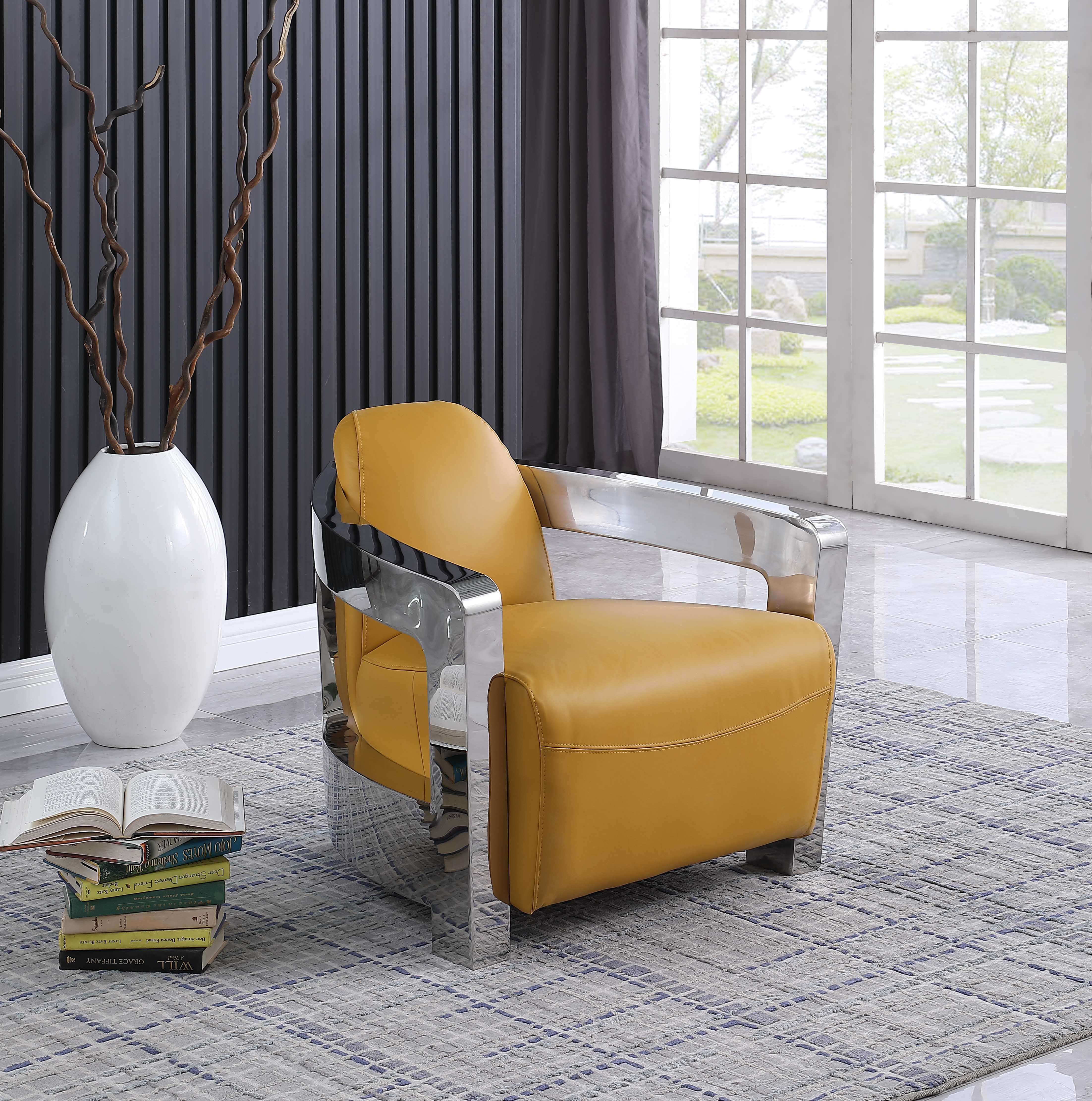 

                    
Buy Mustard Leather & Stainless Steel Frame Accent Chair Contemporary 2099-ACC by Chintaly Imports
